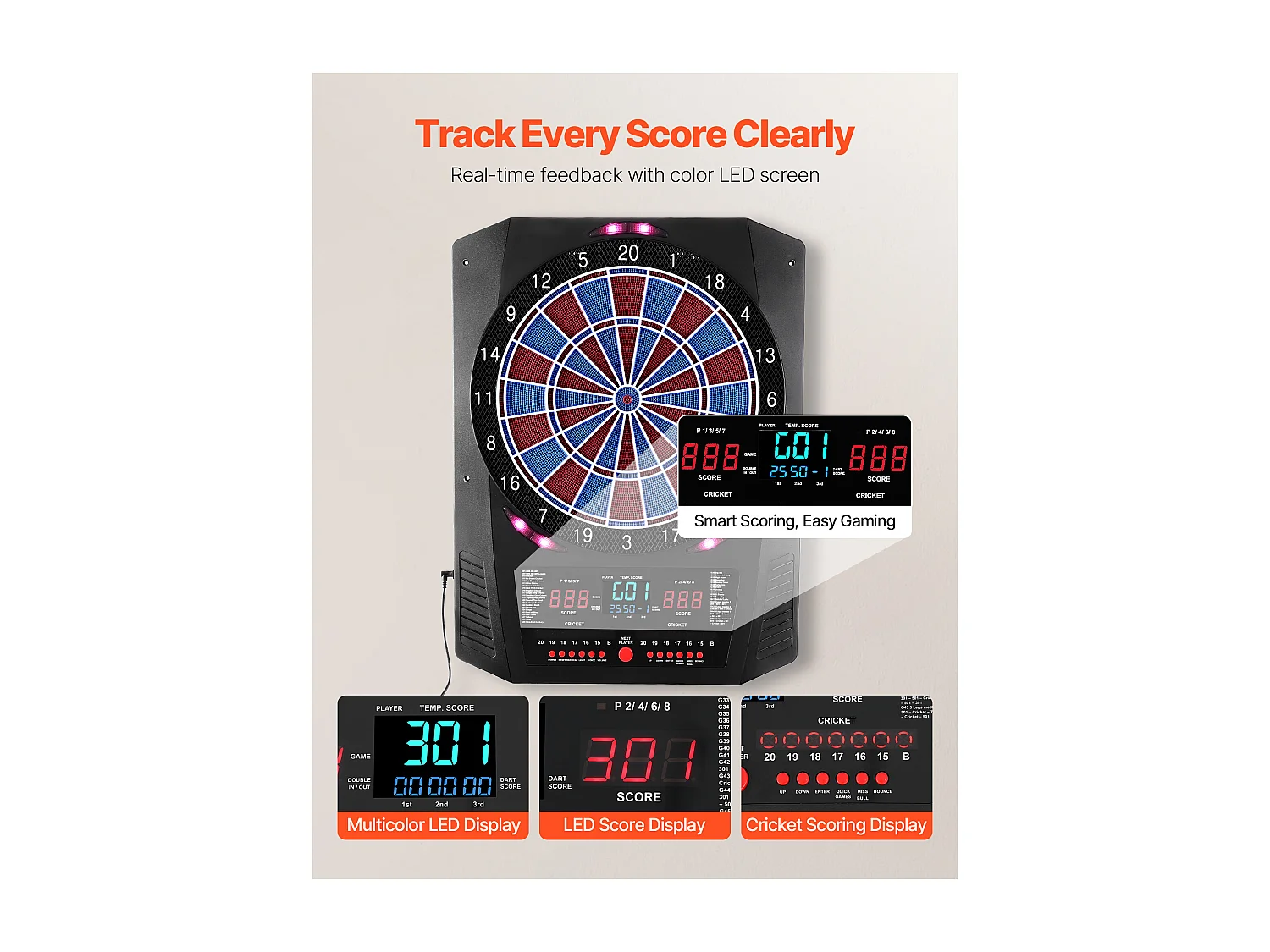 Cible de Fléchettes Électronique SucceBuy, 33.6 cm, Planche à Fléchettes avec 45 Jeux et 474 Variantes pour Jusqu'à 8 Joueurs, 6 Tiges de Fléchette