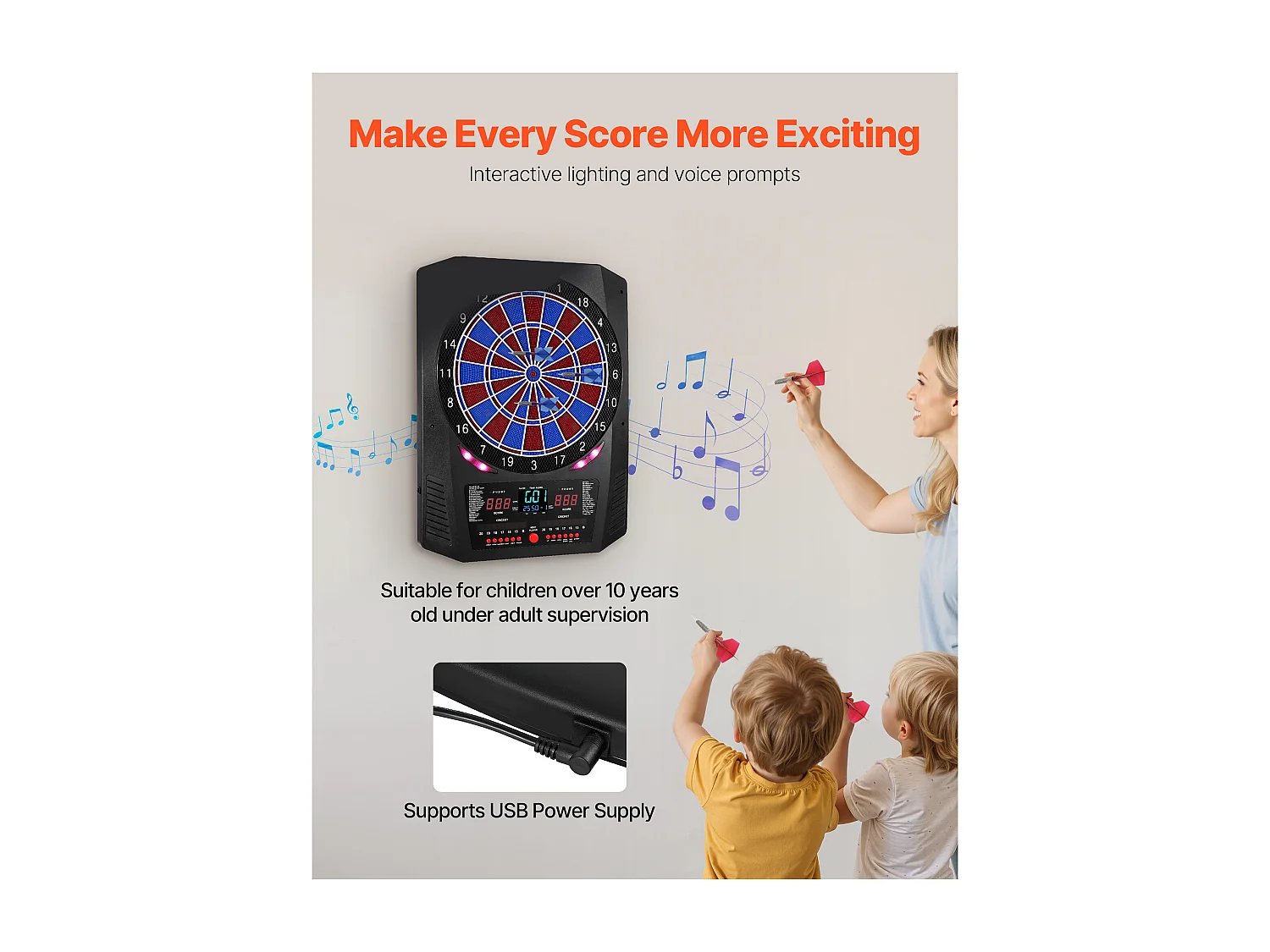 Cible de Fléchettes Électronique SucceBuy, 33.6 cm, Planche à Fléchettes avec 45 Jeux et 474 Variantes pour Jusqu'à 8 Joueurs, 6 Tiges de Fléchette