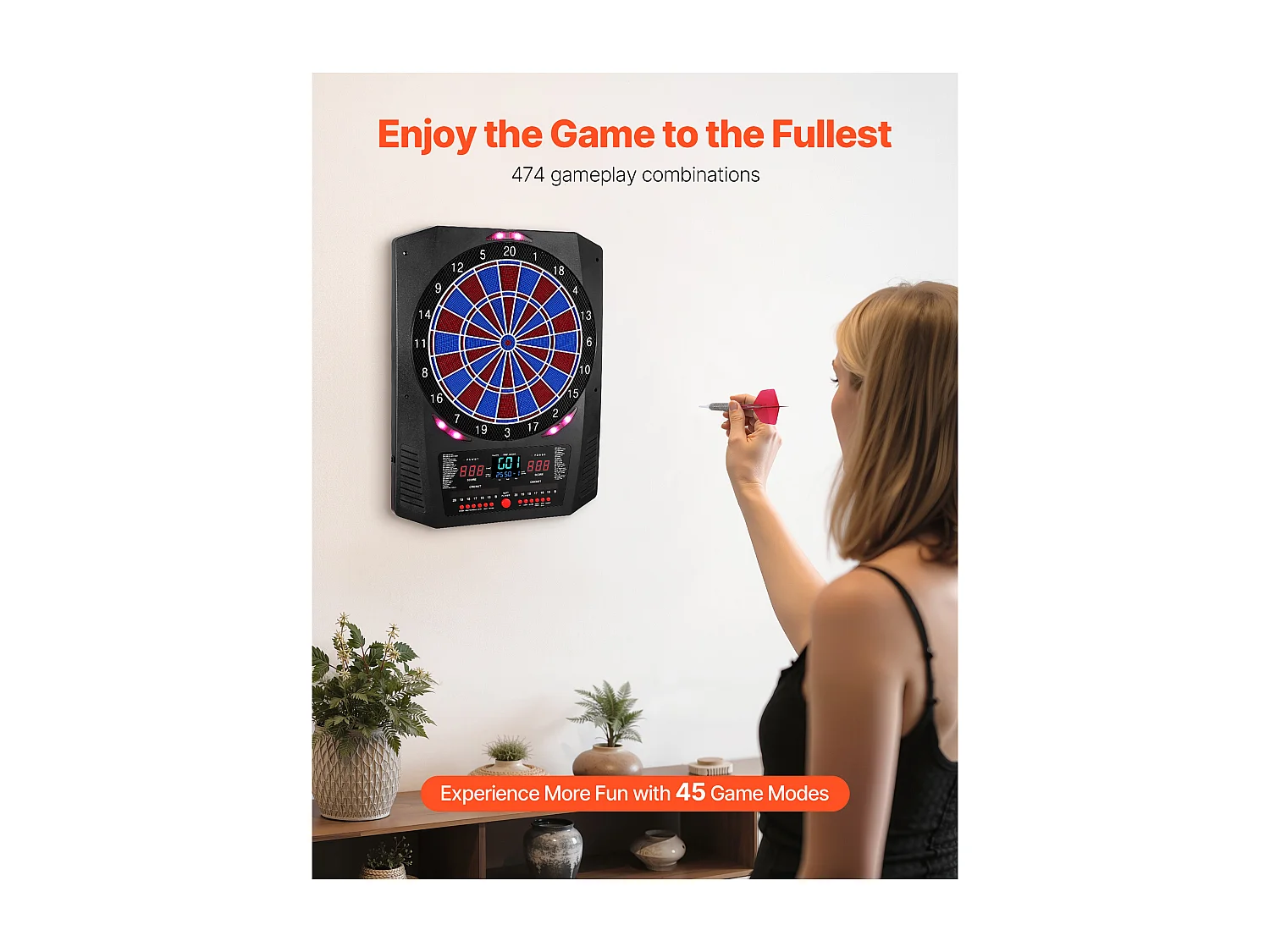 Elektroniczna Tarcza do Rzutek SucceBuy, 33.6 cm, Tablica do Rzutek z 45 Grami i 474 Wariantami dla do 8 Graczy, 6 Strzałek do Rzutek