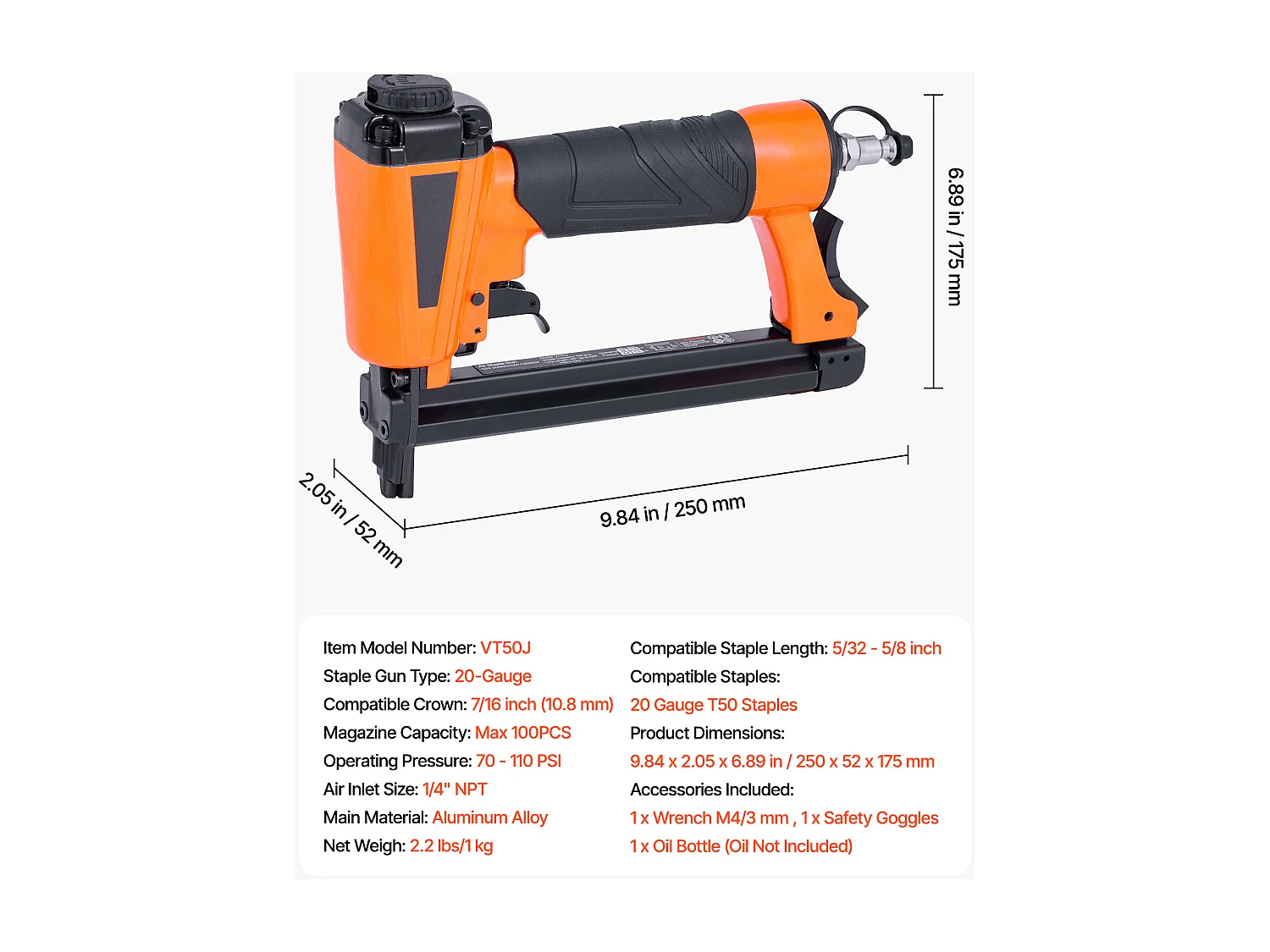 Agrafeuse Pneumatique SucceBuy, Calibre 20, Compatible avec Agrafes T50 Non Inclues de Largeur de Couronne 1.08 cm, de Longueur 0.4-1.6 cm, 4,8-7,6 bar