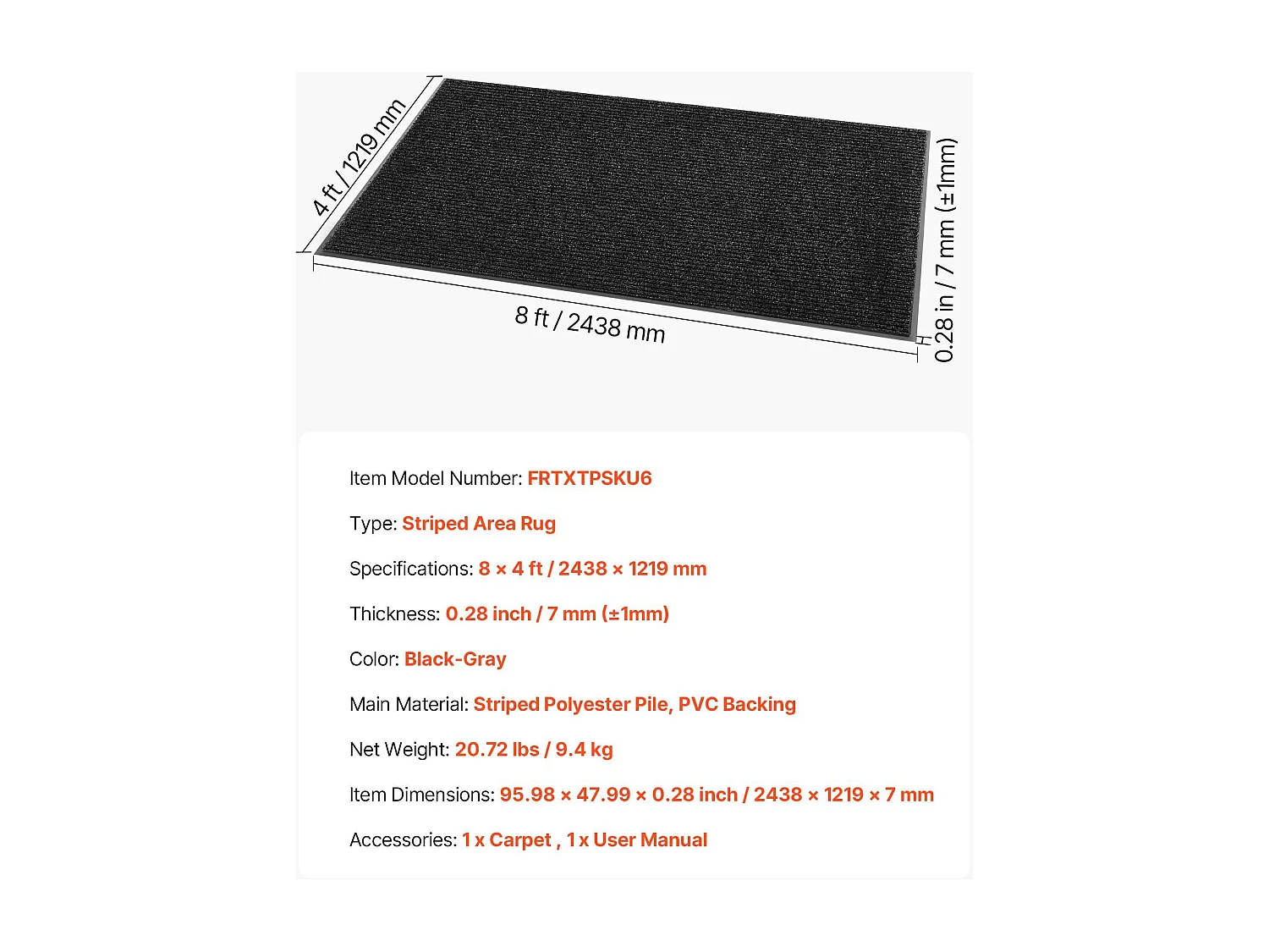 Mata Wejściowa SucceBuy, 244 x 122 cm, Wycieraczka Zewnętrzna Wewnętrzna Elegancka W Paski, z Antypoślizgowym Spodem PVC, Trwała Zmywalna, Łapie Pył, Szary