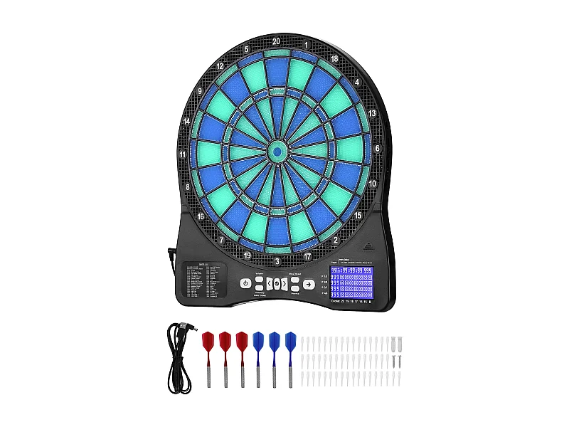 Cible de Fléchettes Électronique SucceBuy pour 8 Joueurs, Planche à Fléchettes Éclairée par LED avec 48 Jeux et Plus de 500 Variantes, 6 Tiges de Fléchette