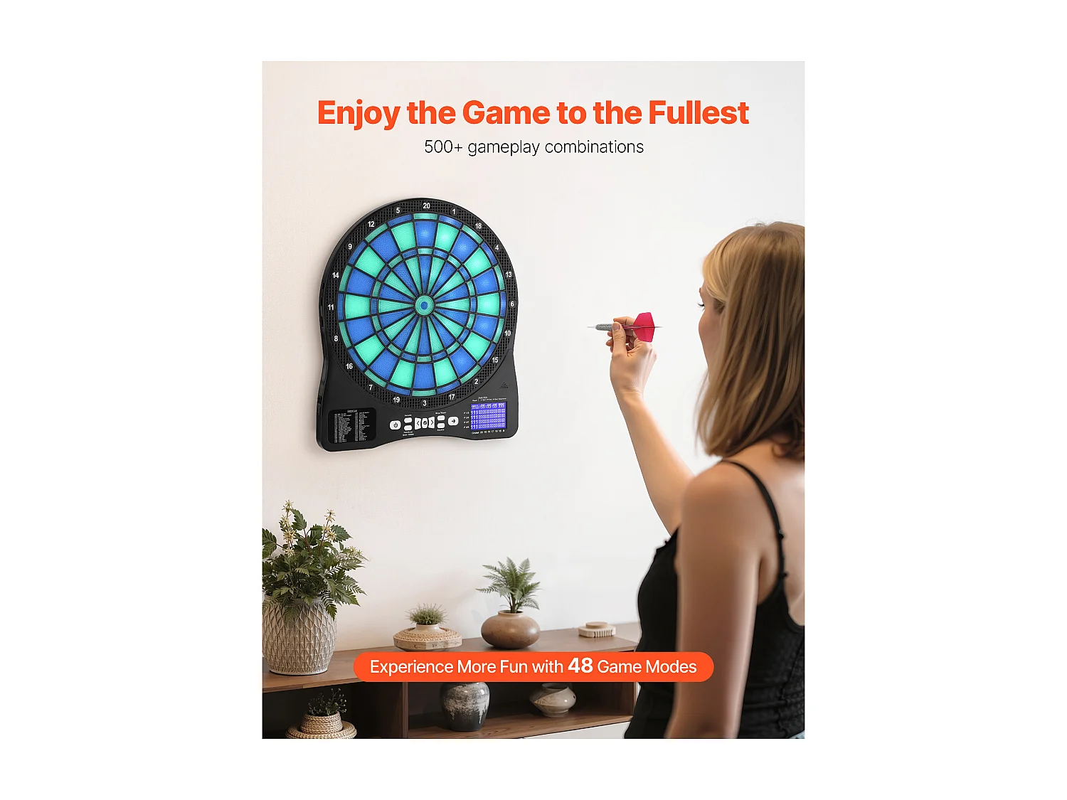 Cible de Fléchettes Électronique SucceBuy pour 8 Joueurs, Planche à Fléchettes Éclairée par LED avec 48 Jeux et Plus de 500 Variantes, 6 Tiges de Fléchette