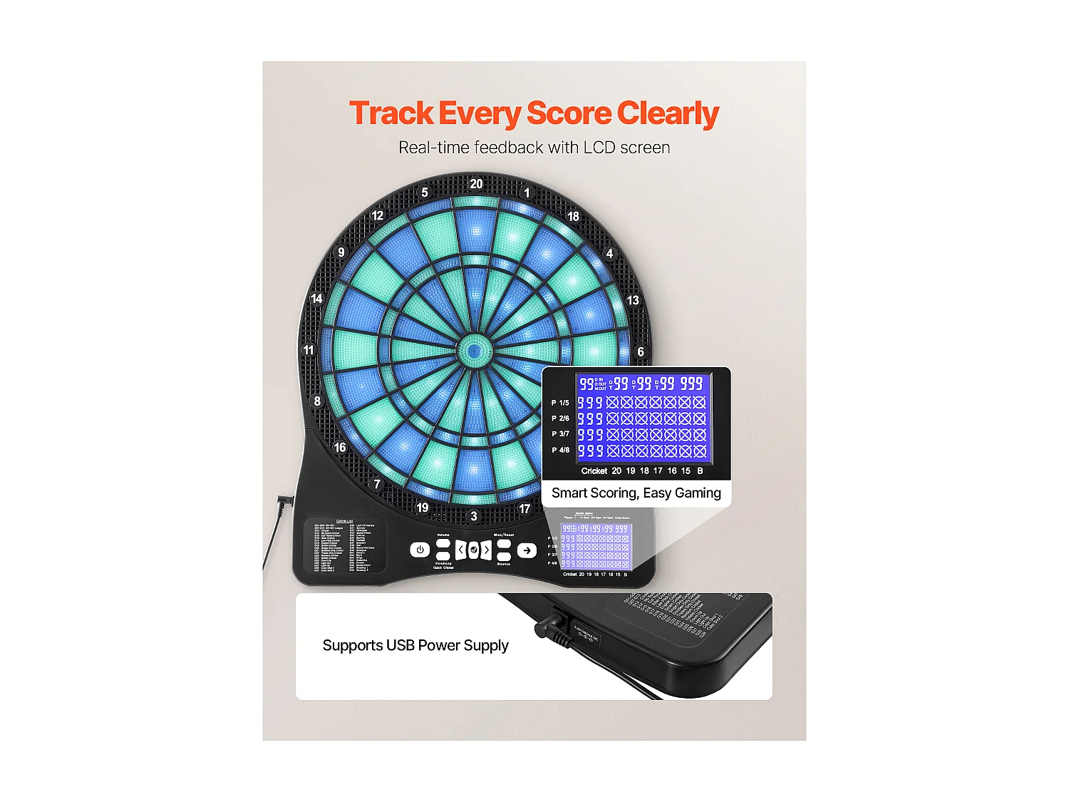 Cible de Fléchettes Électronique SucceBuy pour 8 Joueurs, Planche à Fléchettes Éclairée par LED avec 48 Jeux et Plus de 500 Variantes, 6 Tiges de Fléchette