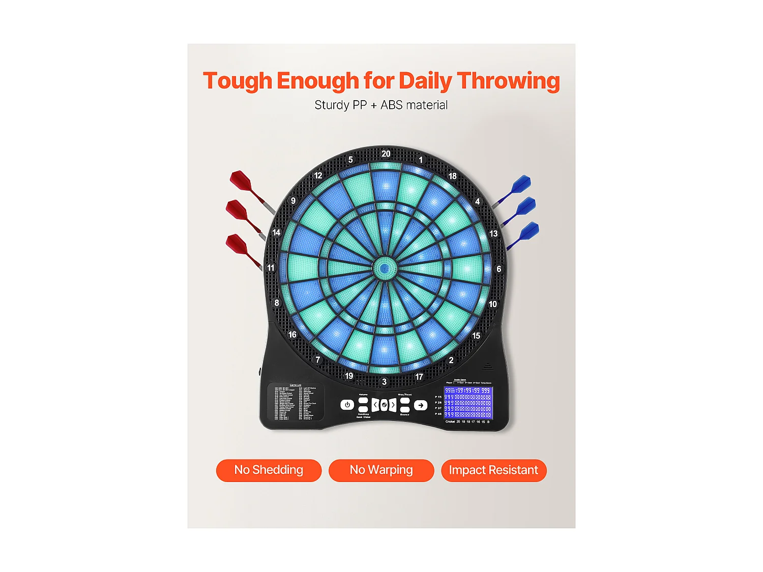 Cible de Fléchettes Électronique SucceBuy pour 8 Joueurs, Planche à Fléchettes Éclairée par LED avec 48 Jeux et Plus de 500 Variantes, 6 Tiges de Fléchette