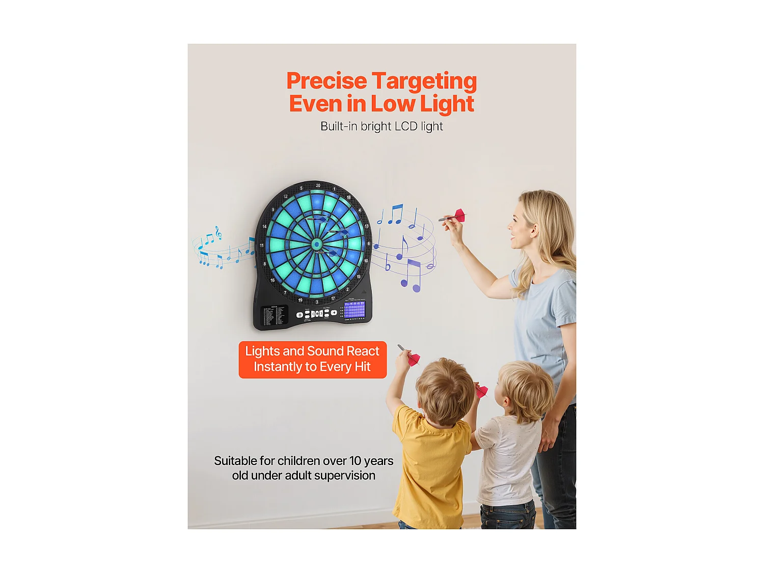 Cible de Fléchettes Électronique SucceBuy pour 8 Joueurs, Planche à Fléchettes Éclairée par LED avec 48 Jeux et Plus de 500 Variantes, 6 Tiges de Fléchette