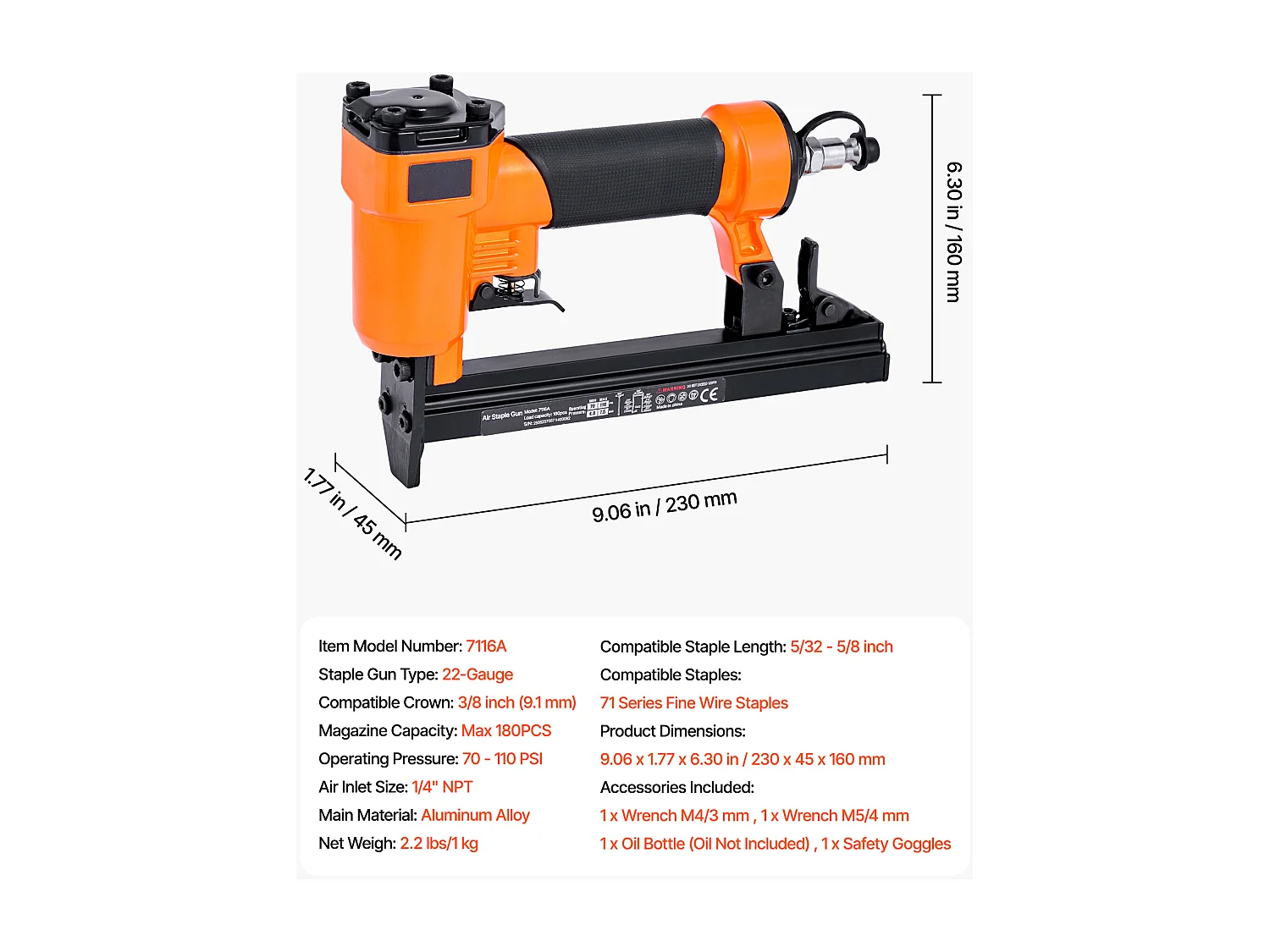 Agrafeuse Pneumatique SucceBuy, Calibre 22, Compatible avec Agrafes à Fil Fin Série 71 (Non Inclues), de Largeur de Couronne 0.91 cm, de Longueur 0.4-1.6 cm