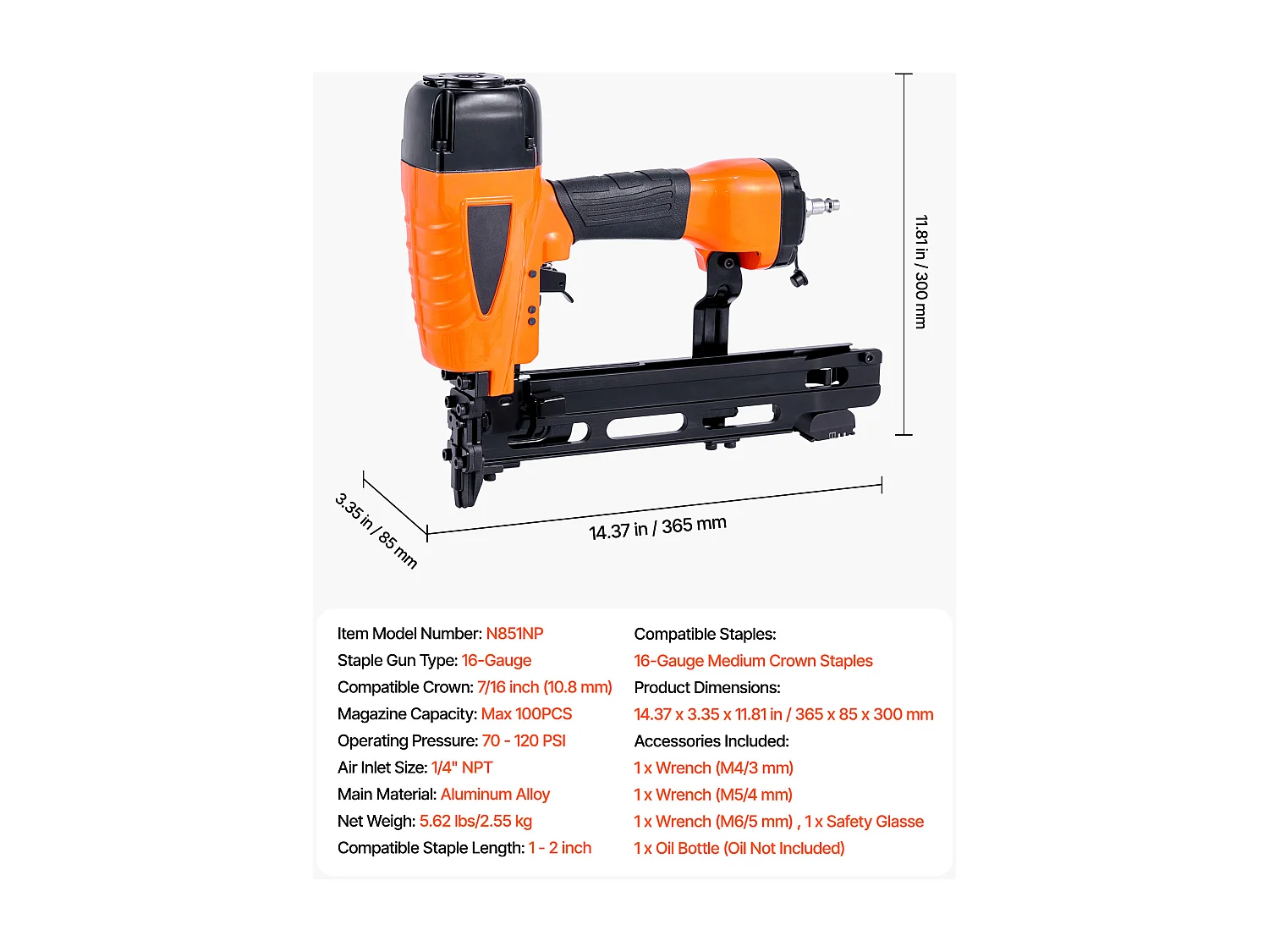 Agrafeuse Pneumatique SucceBuy, Calibre 16, Compatible avec Agrafes Non Inclues de Couronne Moyenne 1.08 cm, de Longueur 2.5-5 cm, 4,8-8,3 bar
