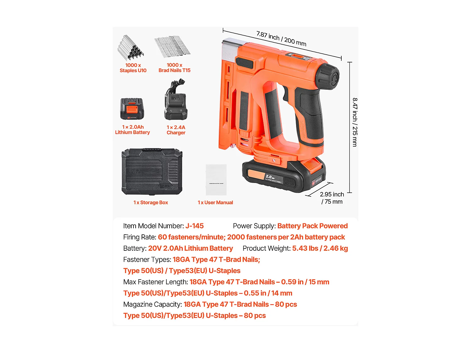 Agrafeuse Cloueuse Électrique SucceBuy 2-en-1, Cloueur Calibre 18, 1.5 cm, avec 1000 Clous et 1000 Agrafes, Poignée en Caoutchouc Antidérapante, Orange