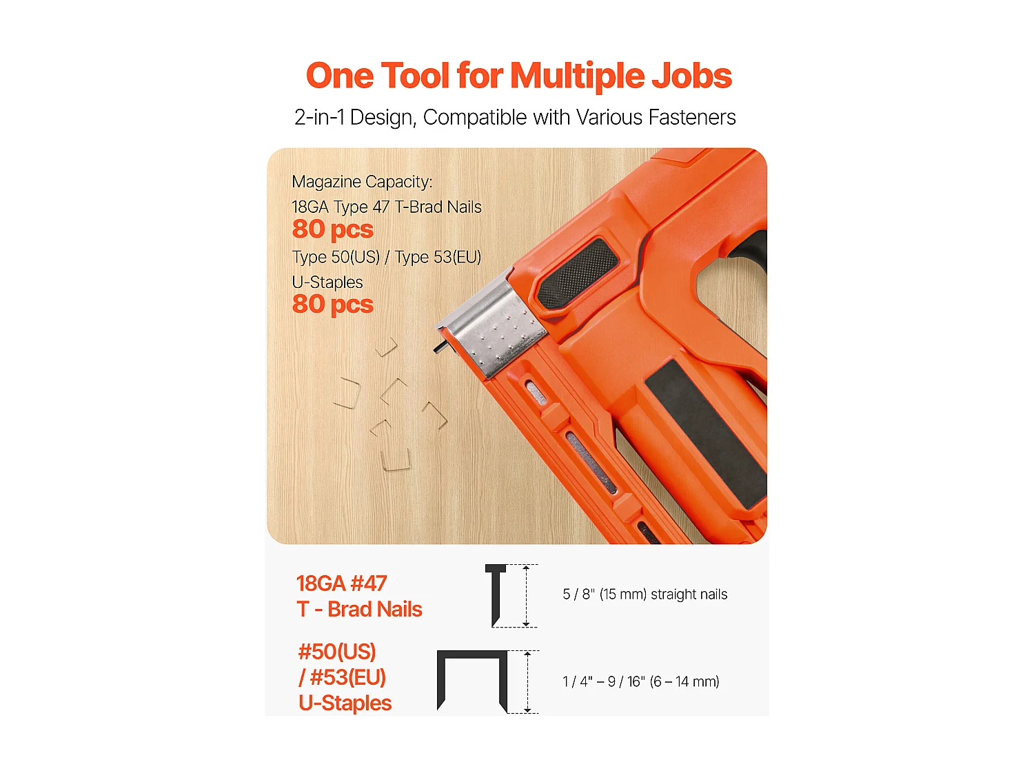 Agrafeuse Cloueuse Électrique SucceBuy 2-en-1, Cloueur Calibre 18, 1.5 cm, avec 1000 Clous et 1000 Agrafes, Poignée en Caoutchouc Antidérapante, Orange
