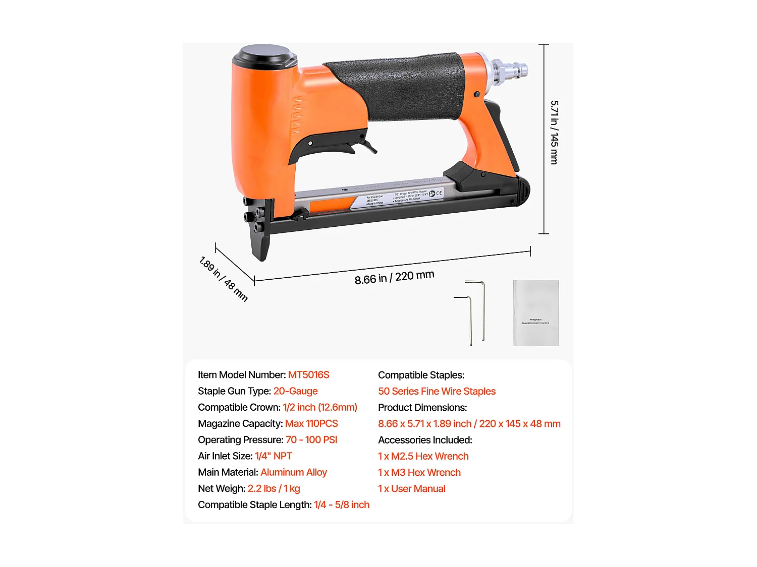 Agrafeuse Pneumatique SucceBuy, Calibre 20, Compatible avec Agrafes Fil Fin Série 50 Non Inclues de Largeur Couronne 1.28 cm de Longueur 0.6-1.6 cm