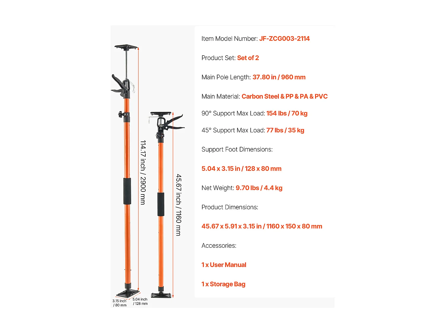 Soporte Telescópico SucceBuy 116-290 cm Poste de Soporte Ajustable Lote de 2, Varilla de Liberación Rápida, en Acero, Carga 70 kg, Soporte para Techo