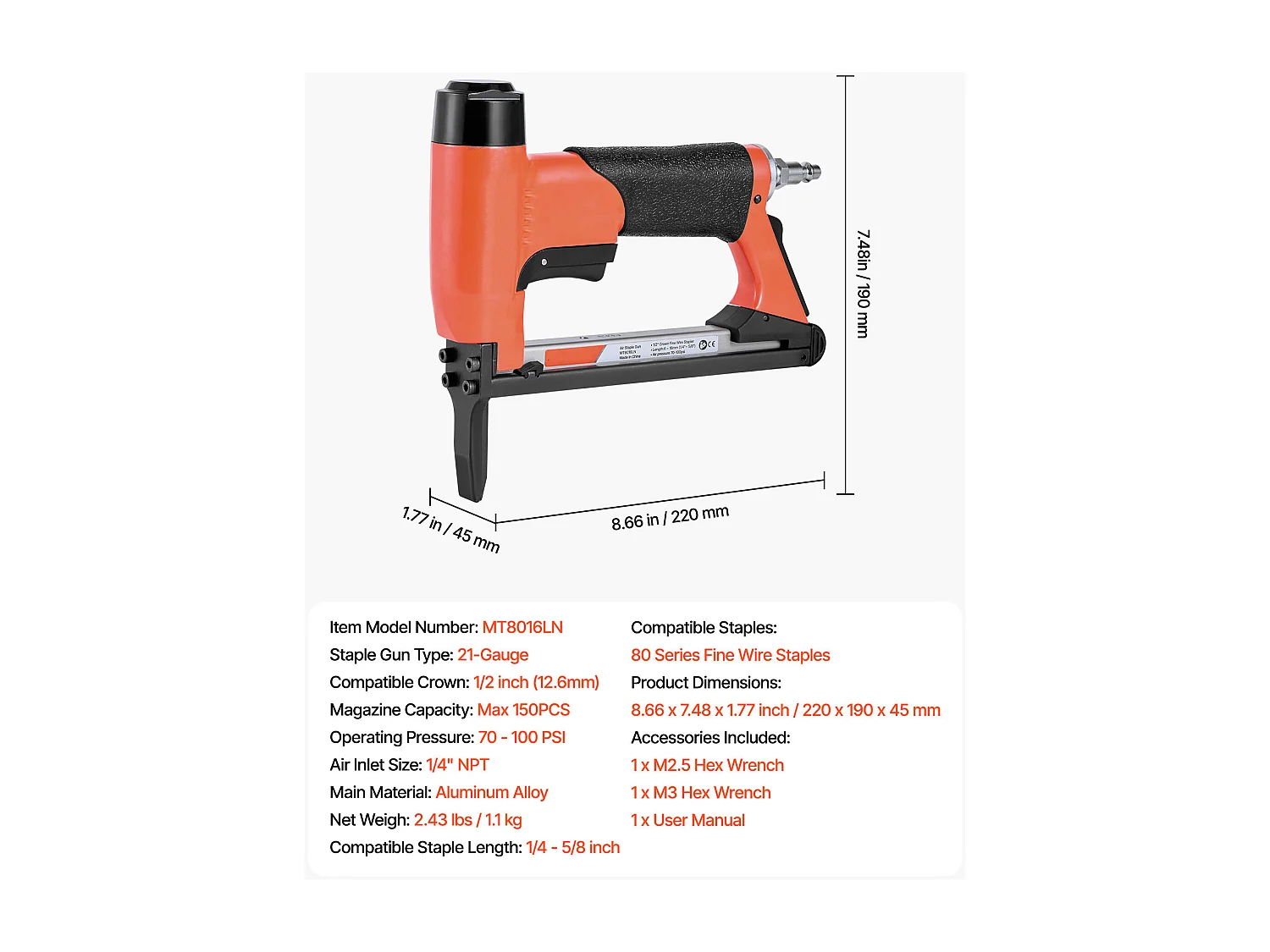 Agrafeuse Pneumatique SucceBuy Long Bec, Calibre 21, Compatible avec Agrafes Fil Fin Série 80 Non Inclues de Largeur Couronne 1.28 cm, de Longueur 0.6-1.6 cm