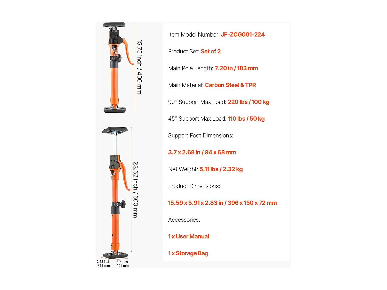 Puntello Telescopico SucceBuy 40-60 cm Palo di Supporto Regolabile Lotto di 2, Asta Sblocco Rapido, in Acciaio, Carico 100 kg, Puntello per Soffitto