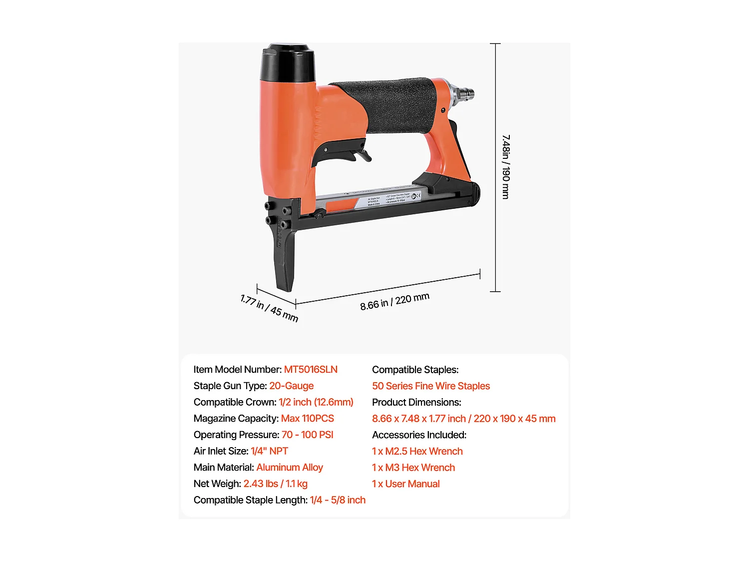 Agrafeuse Pneumatique Long Bec SucceBuy, Calibre 20, Compatible avec Agrafes Fil Fin Série 50 Non Inclues de Largeur Couronne 1.28 cm de Longueur 0.6-1.6 cm