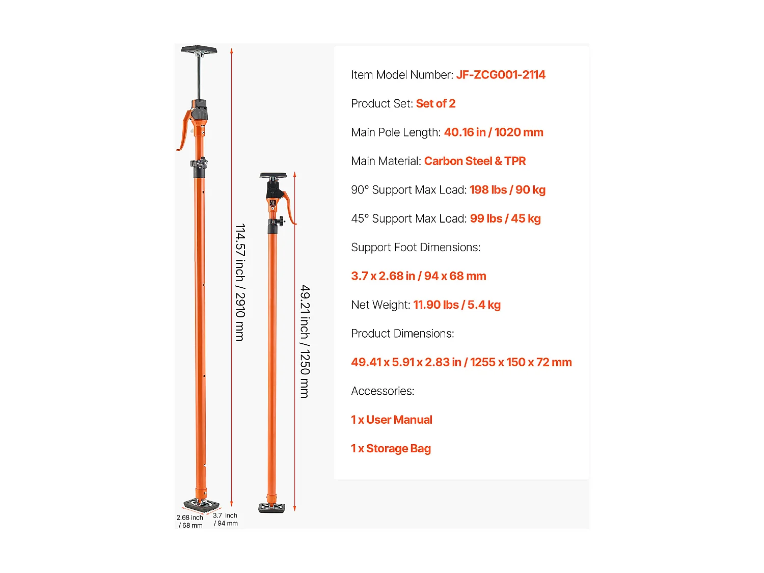 Escora de Suporte Telescópica SucceBuy 125-291 cm Poste de Suporte Ajustável Lote de 2, Haste de Liberação Rápida, em Aço, Carga 90 kg, Escora para Teto
