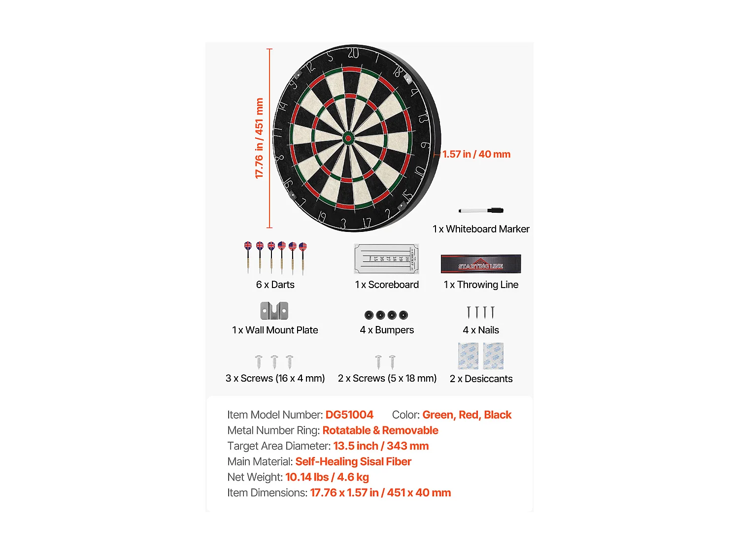 Cible de Fléchettes SucceBuy 45.1 cm avec 6 Fléchettes à Pointe en Acier et Kit de Pointage, Planche à Fléchette en Fibres de Sisal Auto-Cicatrisantes