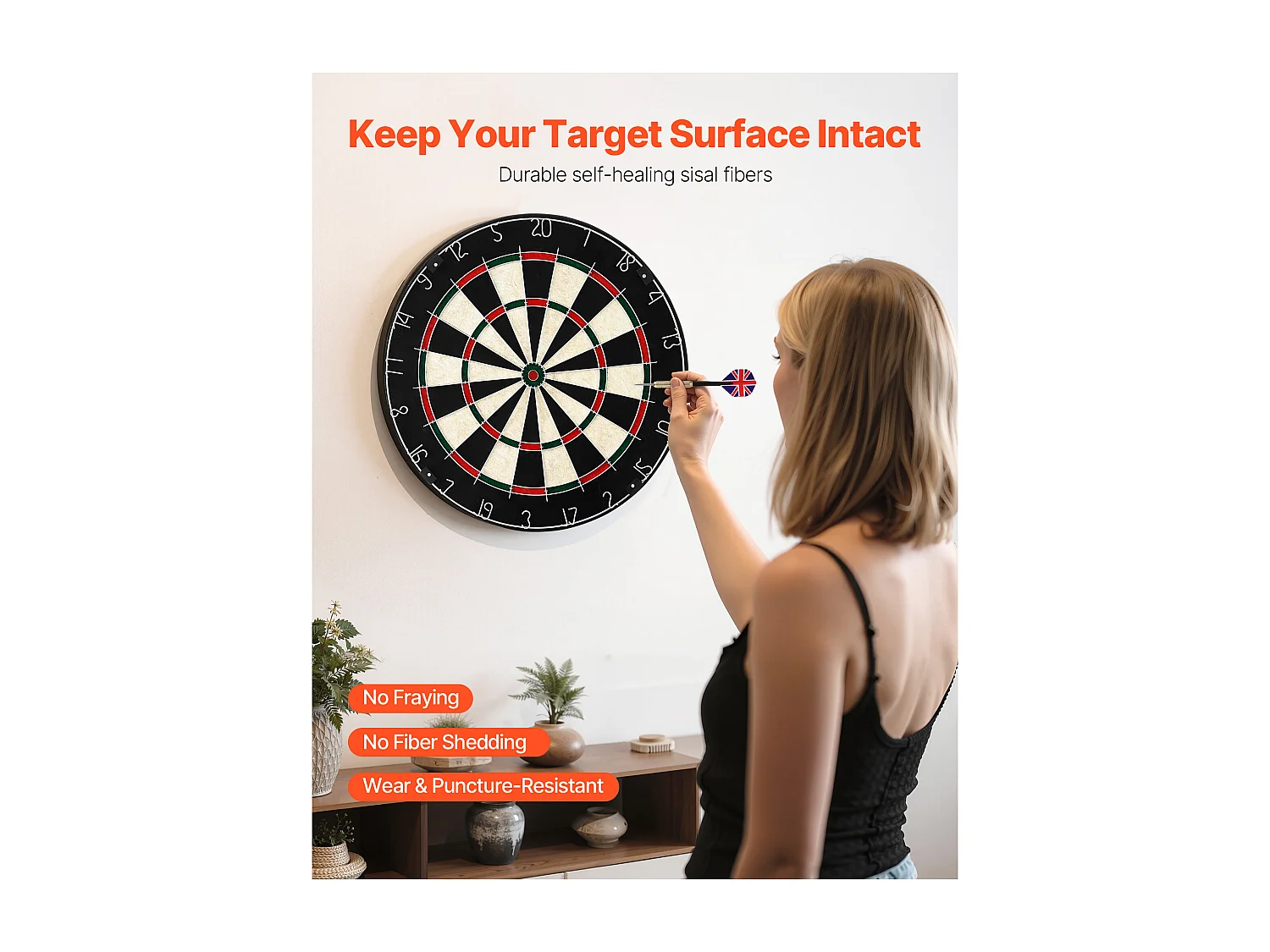 Cible de Fléchettes SucceBuy 45.1 cm avec 6 Fléchettes à Pointe en Acier et Kit de Pointage, Planche à Fléchette en Fibres de Sisal Auto-Cicatrisantes