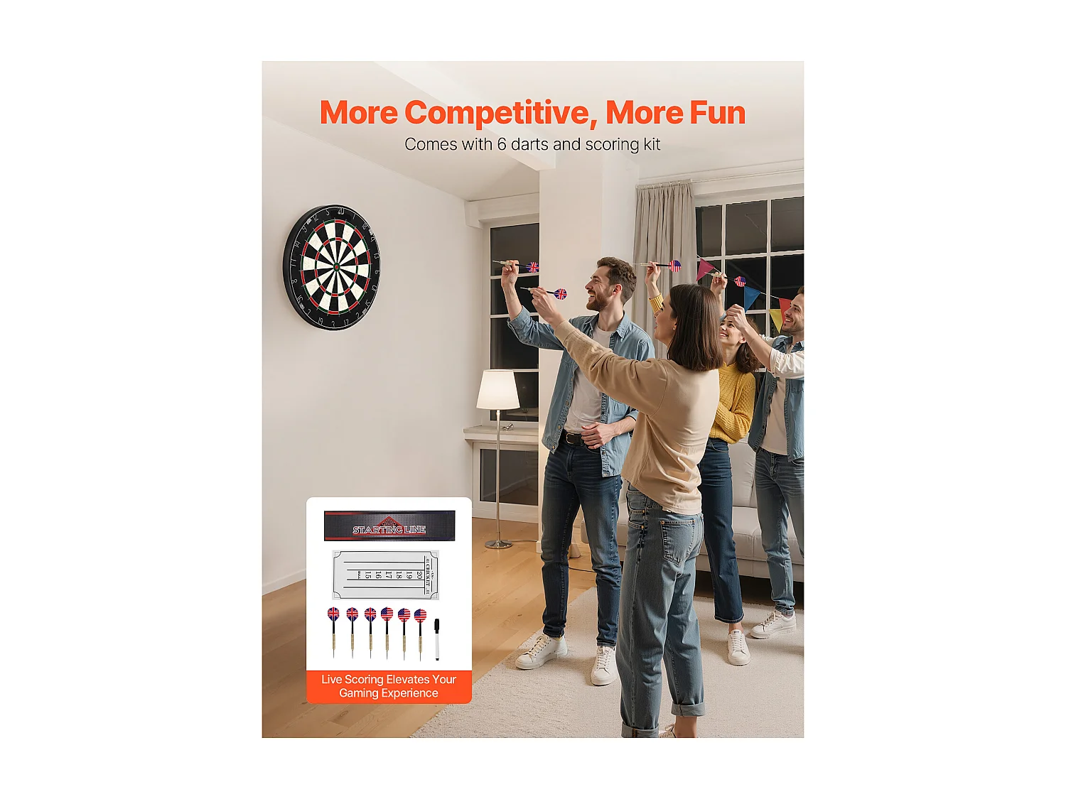 Cible de Fléchettes SucceBuy 45.1 cm avec 6 Fléchettes à Pointe en Acier et Kit de Pointage, Planche à Fléchette en Fibres de Sisal Auto-Cicatrisantes