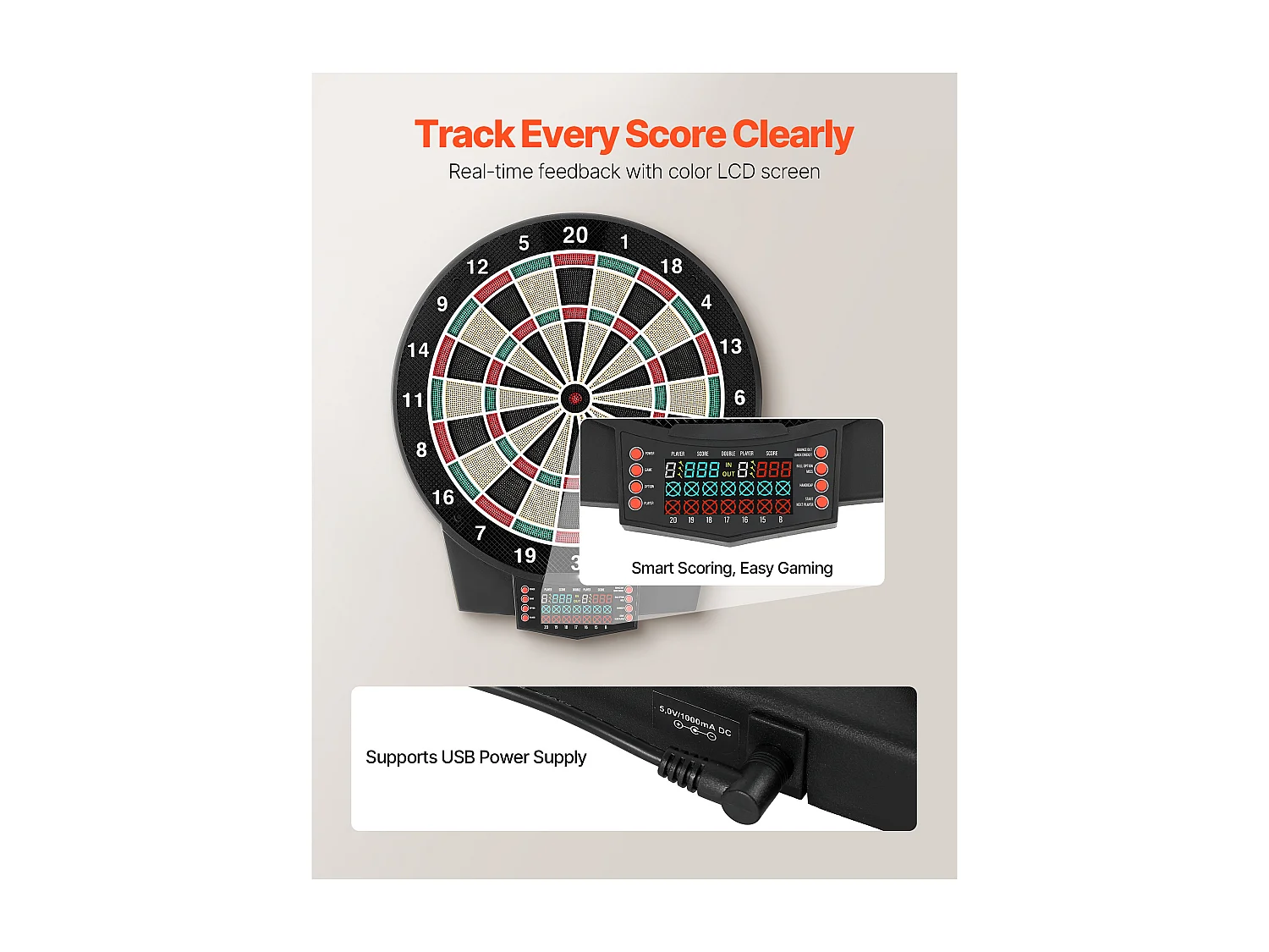 Cible de Fléchettes Électronique SucceBuy, 39.1 cm, Planche à Fléchettes avec 43 Jeux et Plus de 320 Variantes pour Jusqu'à 8 Joueurs, 6 Tiges de Fléchette