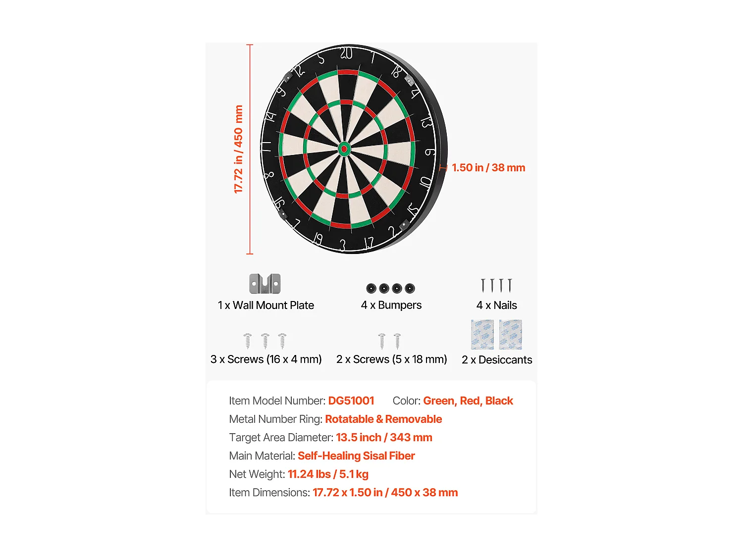 Cible de Fléchettes SucceBuy, 45 cm, Planche à Fléchettes Professionnelle en Fibre de Sisal Auto-Réparatrice avec Œil de Bœuf sans Agrafes, Fil de Lame