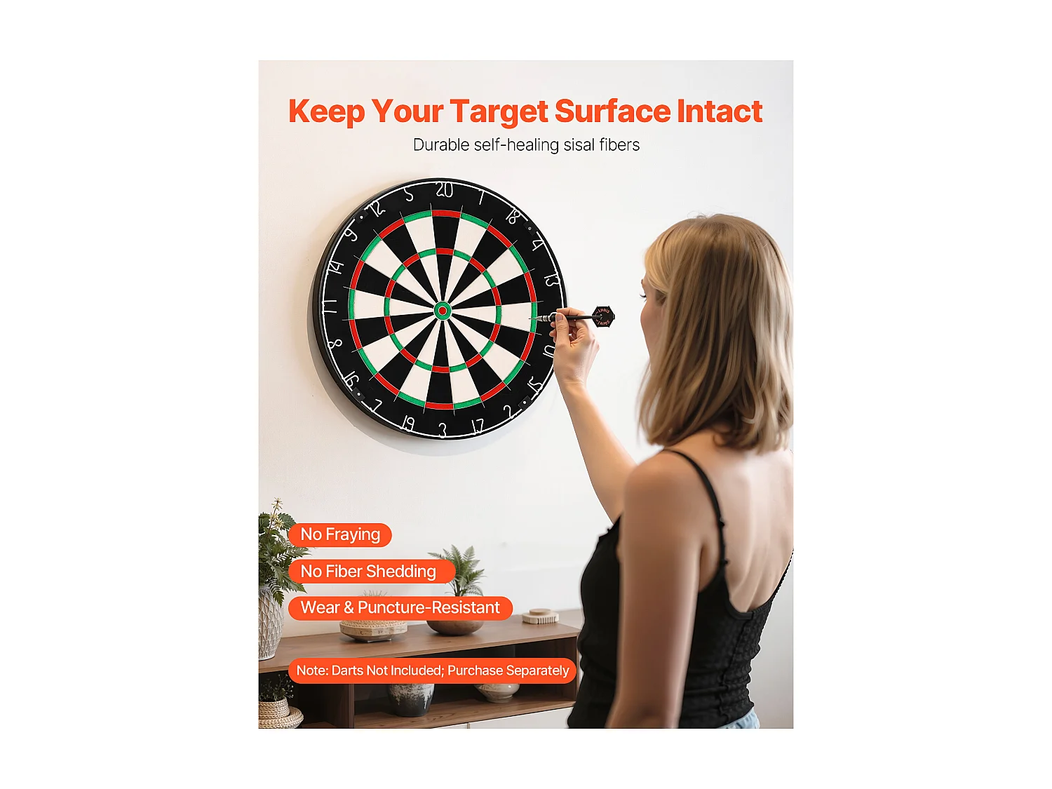 Cible de Fléchettes SucceBuy, 45 cm, Planche à Fléchettes Professionnelle en Fibre de Sisal Auto-Réparatrice avec Œil de Bœuf sans Agrafes, Fil de Lame