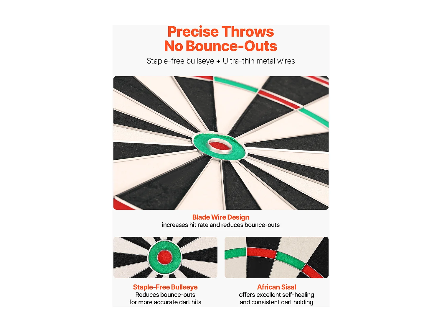 Cible de Fléchettes SucceBuy, 45 cm, Planche à Fléchettes Professionnelle en Fibre de Sisal Auto-Réparatrice avec Œil de Bœuf sans Agrafes, Fil de Lame