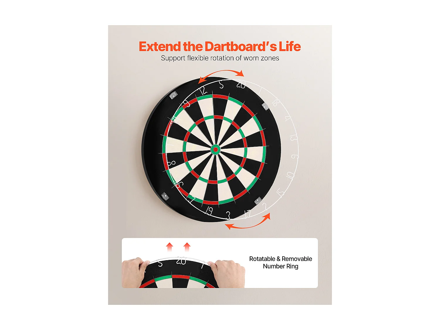 Cible de Fléchettes SucceBuy, 45 cm, Planche à Fléchettes Professionnelle en Fibre de Sisal Auto-Réparatrice avec Œil de Bœuf sans Agrafes, Fil de Lame