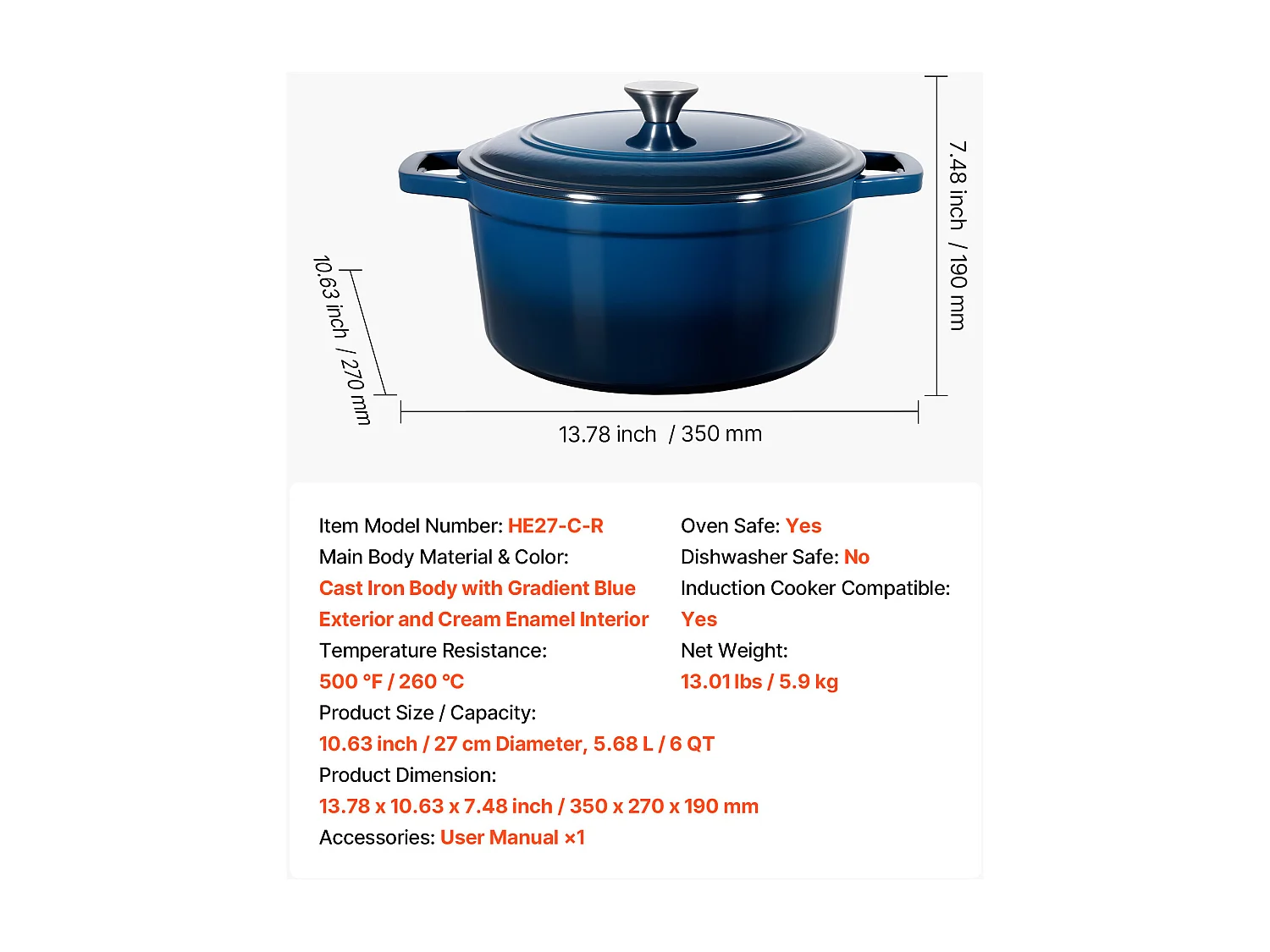 Cocotte SucceBuy en Fonte 5,68 L, Marmite Émaillée avec Couvercle et Deux Poignées, Robuste et Durable, pour les Fours à Induction jusqu'à 260 °C, Bleu