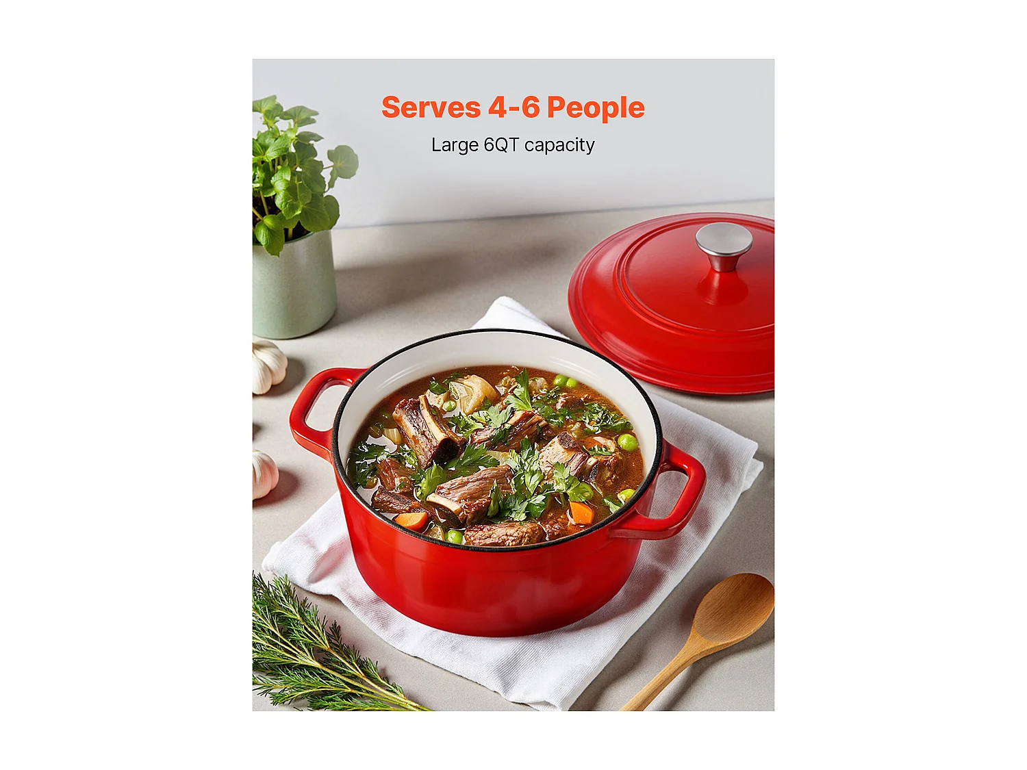 Olla SucceBuy de Hierro Fundido 5,68 L, Cacerola Esmaltada con Tapa y Dos Asas, Robusta y Duradera, para Hornos de Inducción hasta 260 °C, Roja
