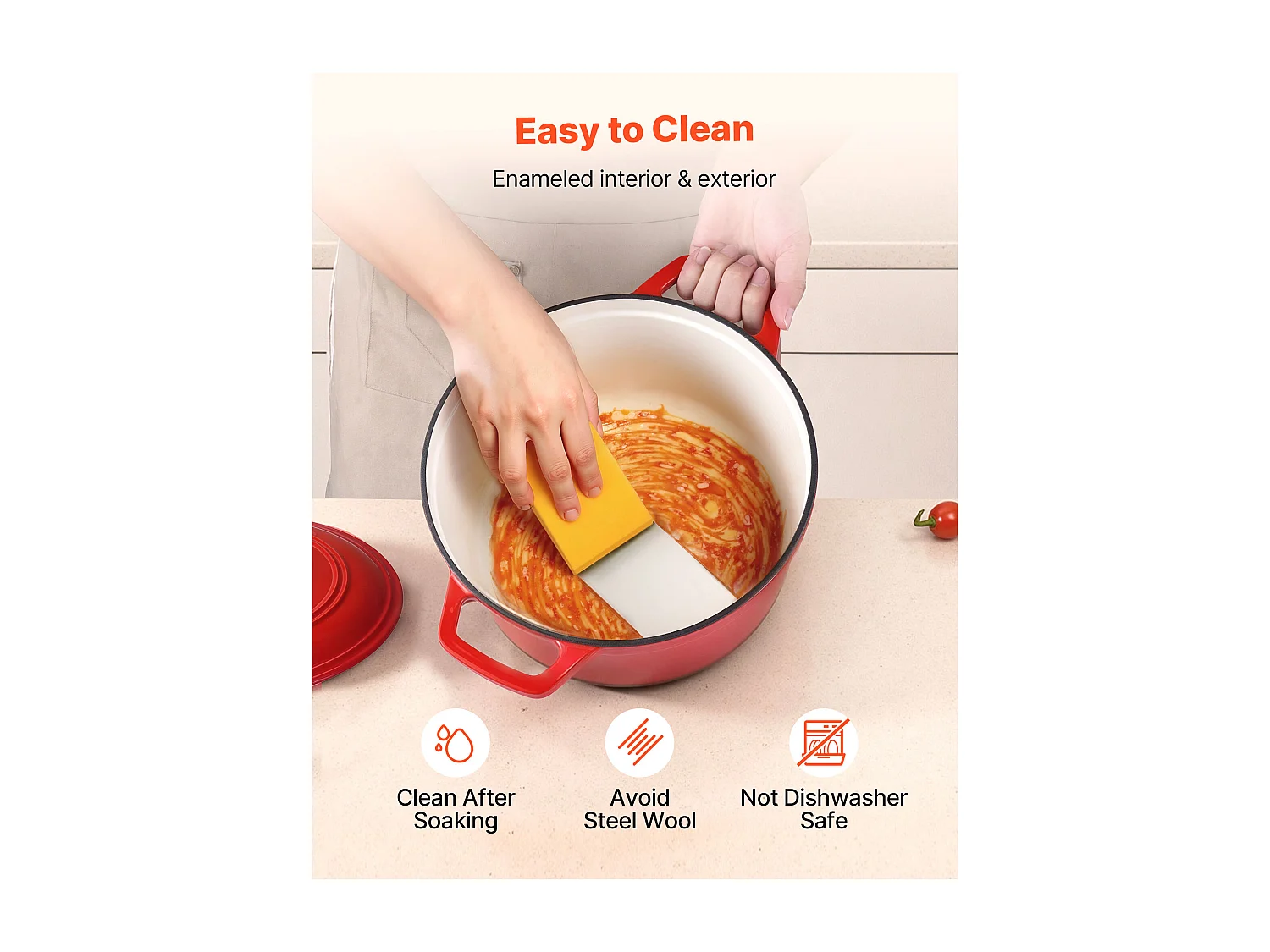 Olla SucceBuy de Hierro Fundido 5,68 L, Cacerola Esmaltada con Tapa y Dos Asas, Robusta y Duradera, para Hornos de Inducción hasta 260 °C, Roja