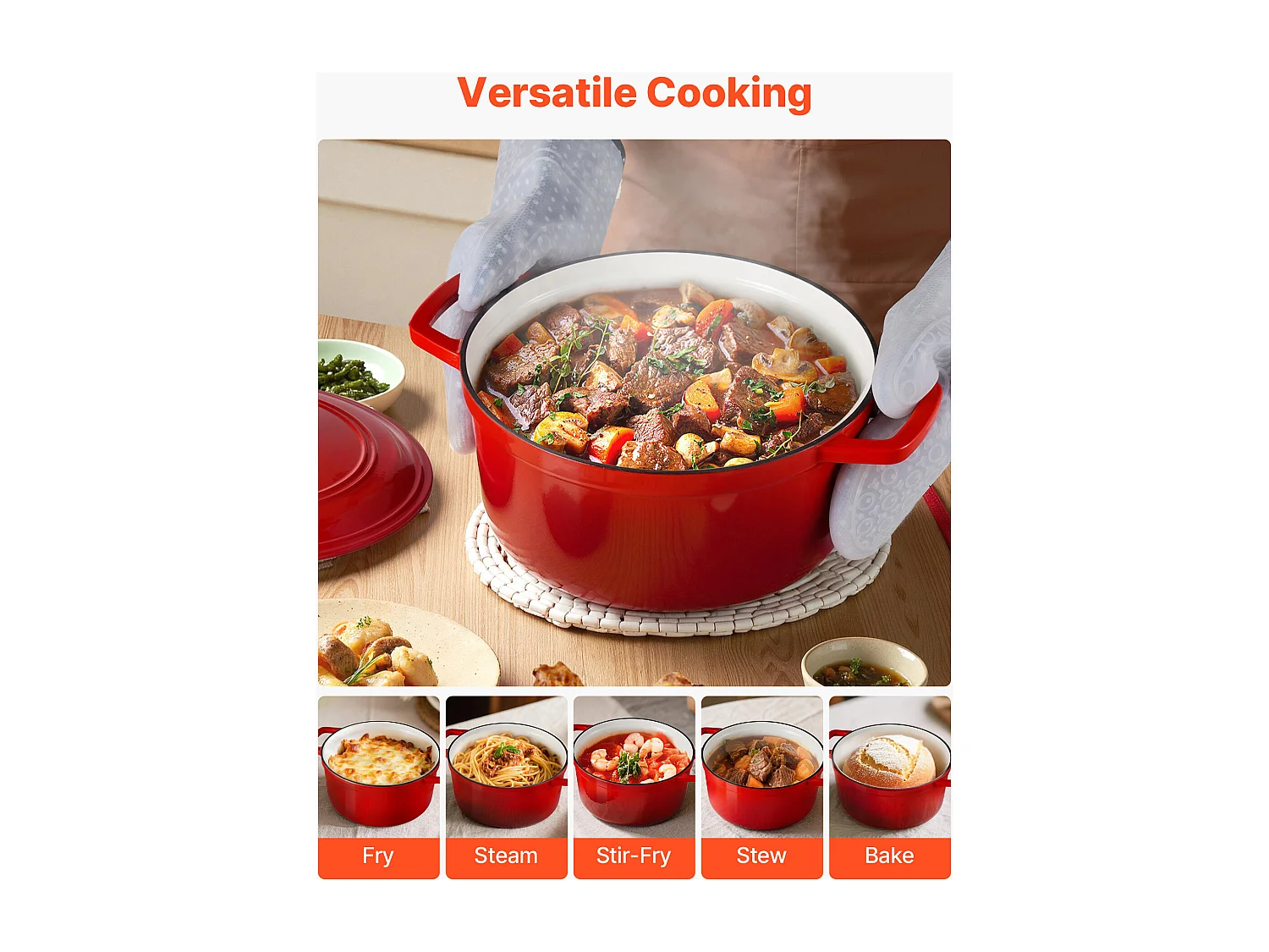 Olla SucceBuy de Hierro Fundido 5,68 L, Cacerola Esmaltada con Tapa y Dos Asas, Robusta y Duradera, para Hornos de Inducción hasta 260 °C, Roja