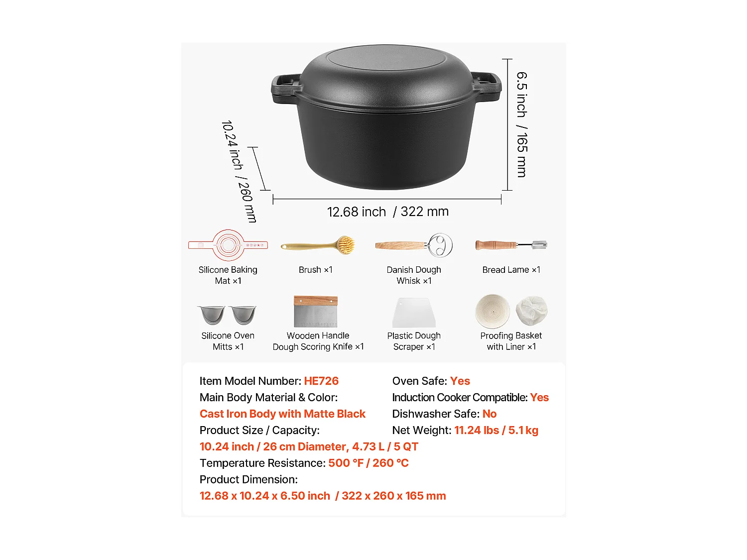 Cocotte SucceBuy en Fonte 2 en 1, Marmite Pré-assaisonnée avec Couvercle et Poignées, 4,73 L, Diamètre 26 cm, avec Panier de Fermentation, Noir