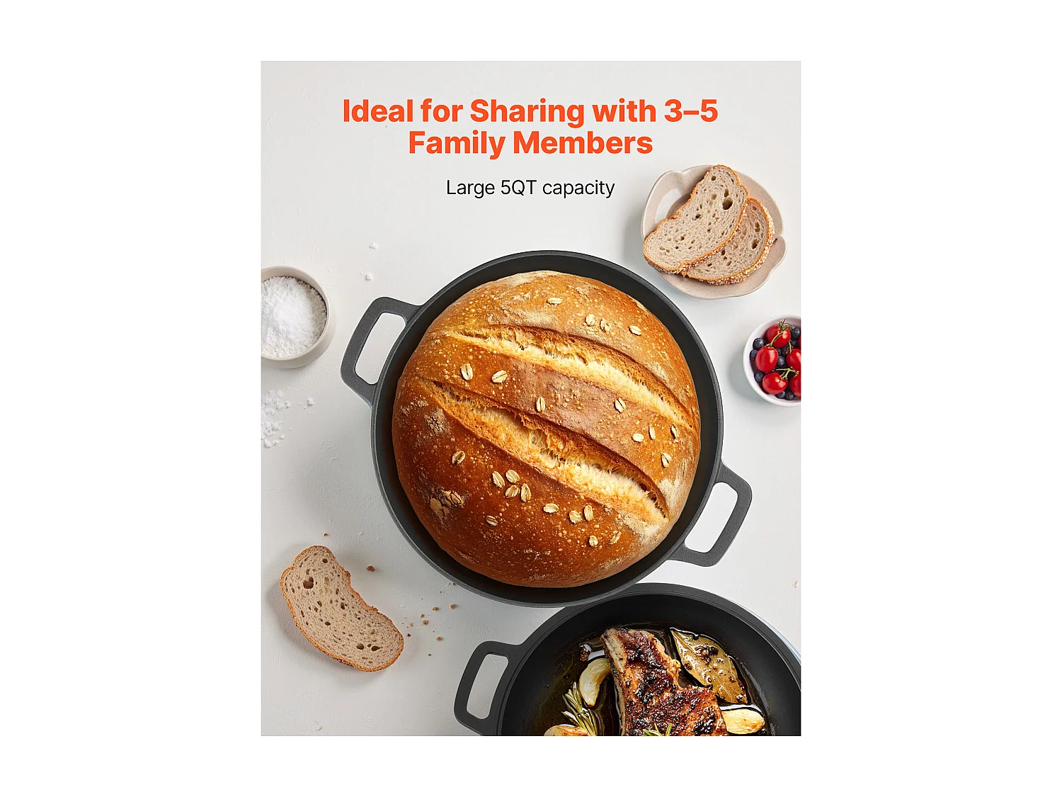 Cocotte SucceBuy en Fonte 2 en 1, Marmite Pré-assaisonnée avec Couvercle et Poignées, 4,73 L, Diamètre 26 cm, avec Panier de Fermentation, Noir