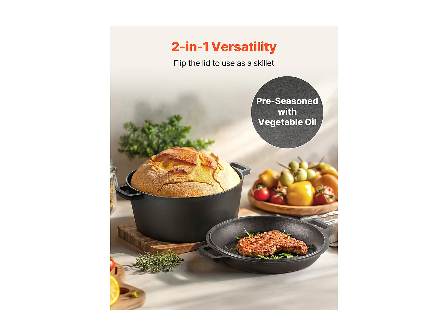 Cocotte SucceBuy en Fonte 2 en 1, Marmite Pré-assaisonnée avec Couvercle et Poignées, 4,73 L, Diamètre 26 cm, avec Panier de Fermentation, Noir