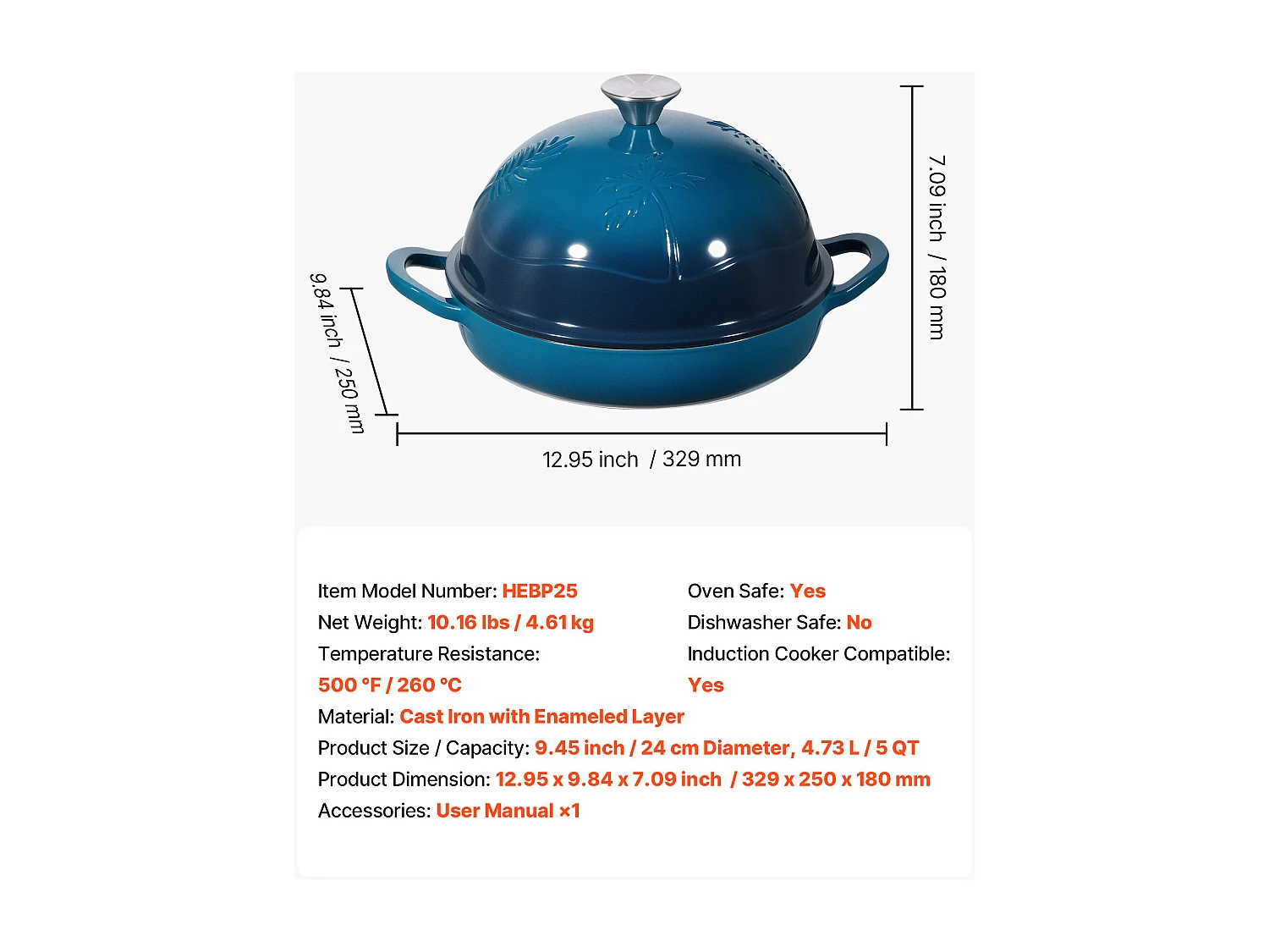 Olla SucceBuy de Hierro Fundido 4,73 L Cacerola Esmaltada para Cocción de Pan de Masa Madre, con Tapa y Dos Asas, Robusta y Duradera, para Cocción