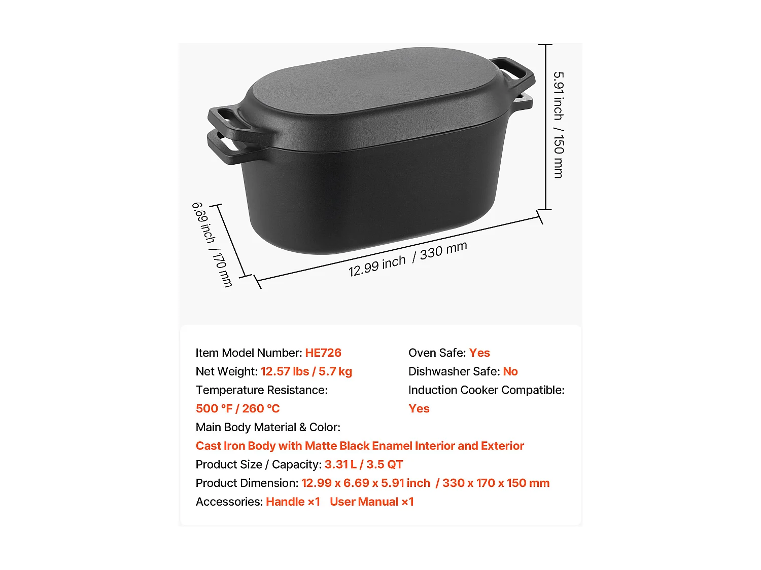 Panela SucceBuy de Ferro Fundido 3,31 L, Panela Esmaltada com Tampa e Duas Alças, Resistente e Durável, para Fornos de Indução até 260 °C, Preta