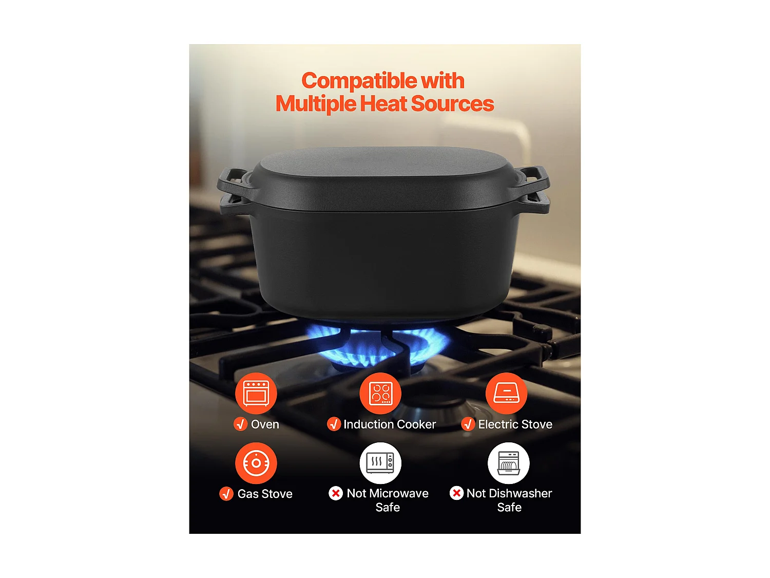 Panela SucceBuy de Ferro Fundido 3,31 L, Panela Esmaltada com Tampa e Duas Alças, Resistente e Durável, para Fornos de Indução até 260 °C, Preta