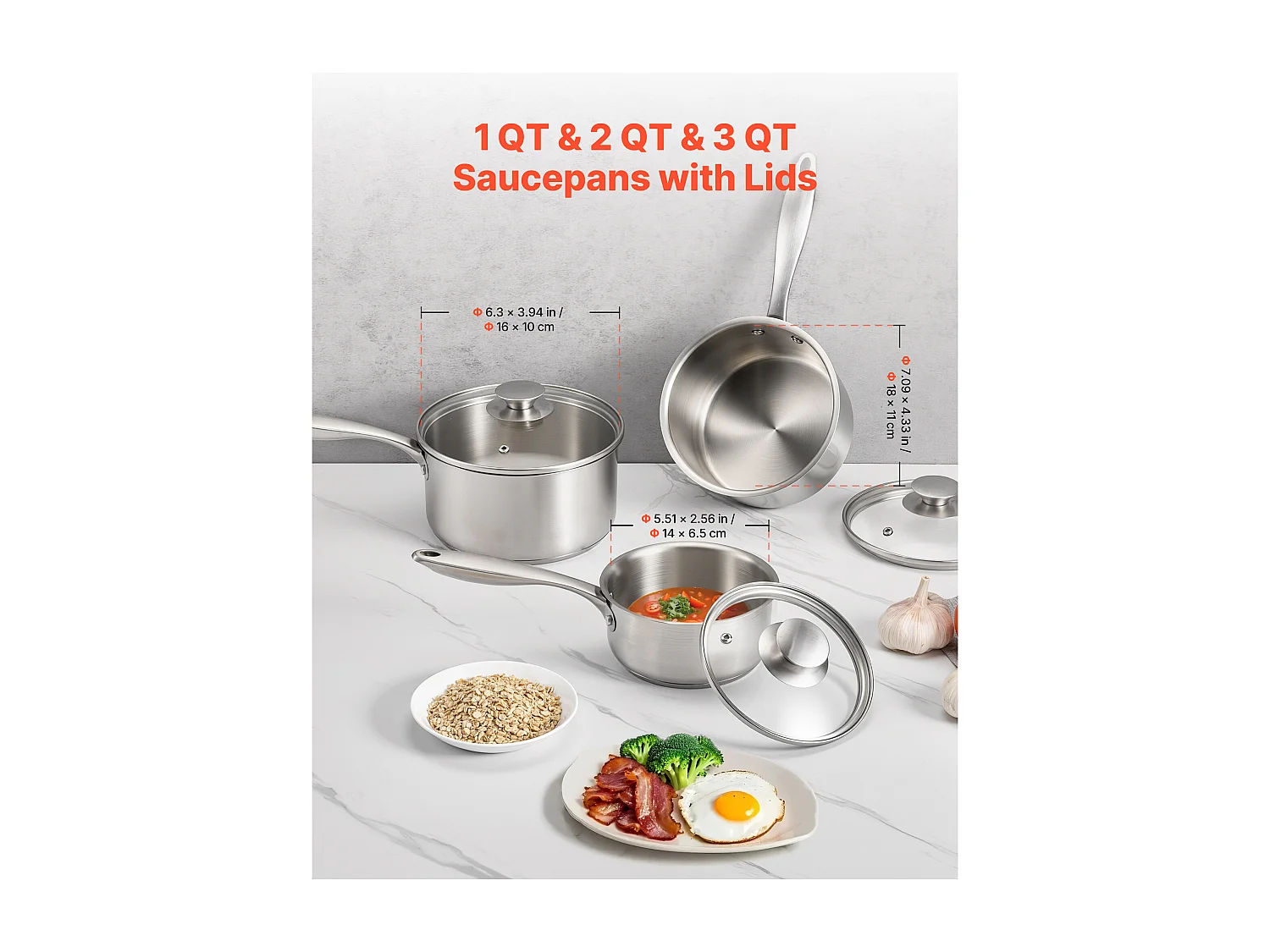 Ensemble de Casseroles SucceBuy en Acier Inoxydable 0,95/1,9/2,8 L, Antiadhésive, avec Couvercle en Verre Et Poignée Ergonomique, Lavable au Lave-vaisselle