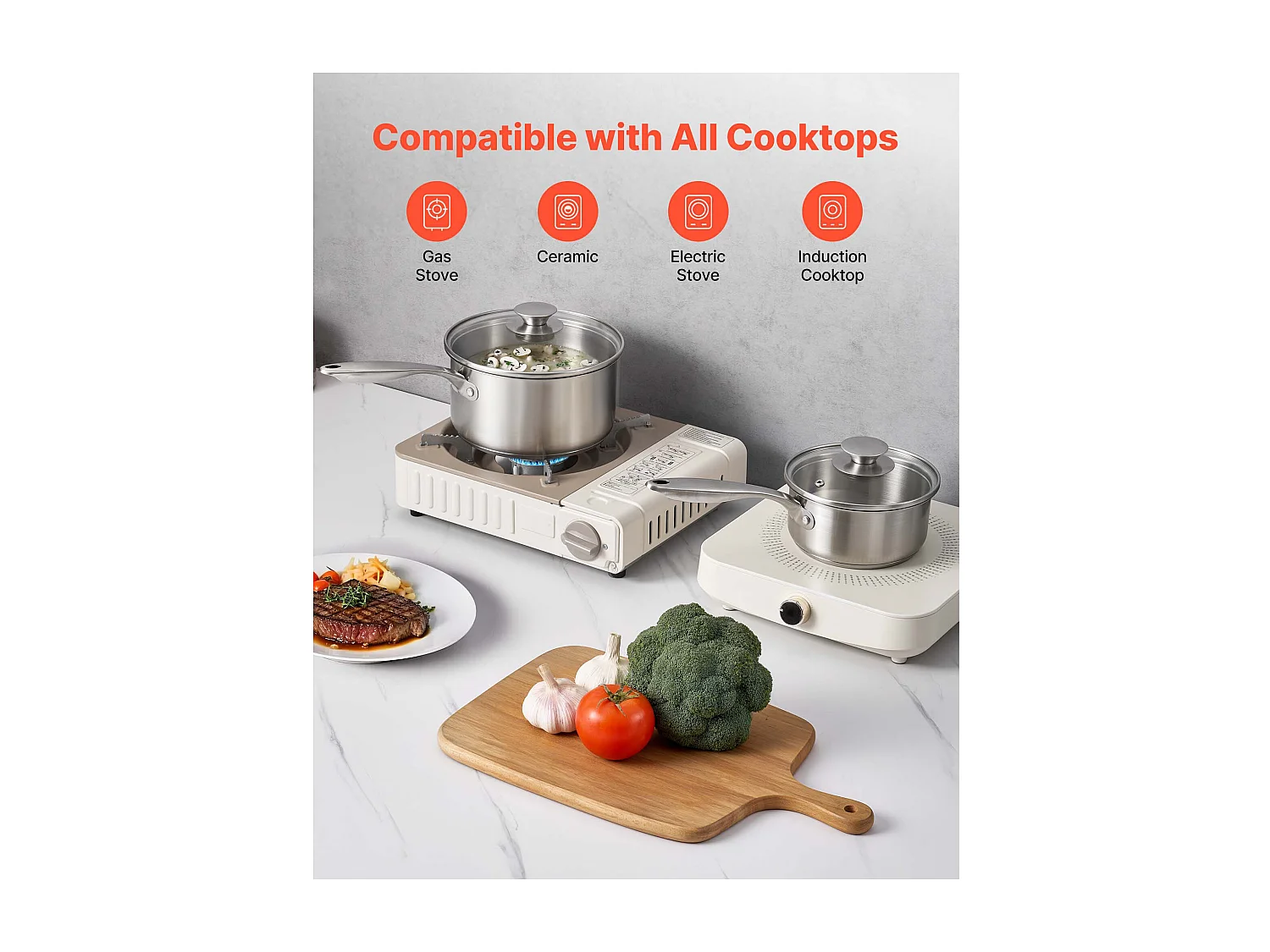 Ensemble de Casseroles SucceBuy en Acier Inoxydable 0,95/1,9/2,8 L, Antiadhésive, avec Couvercle en Verre Et Poignée Ergonomique, Lavable au Lave-vaisselle