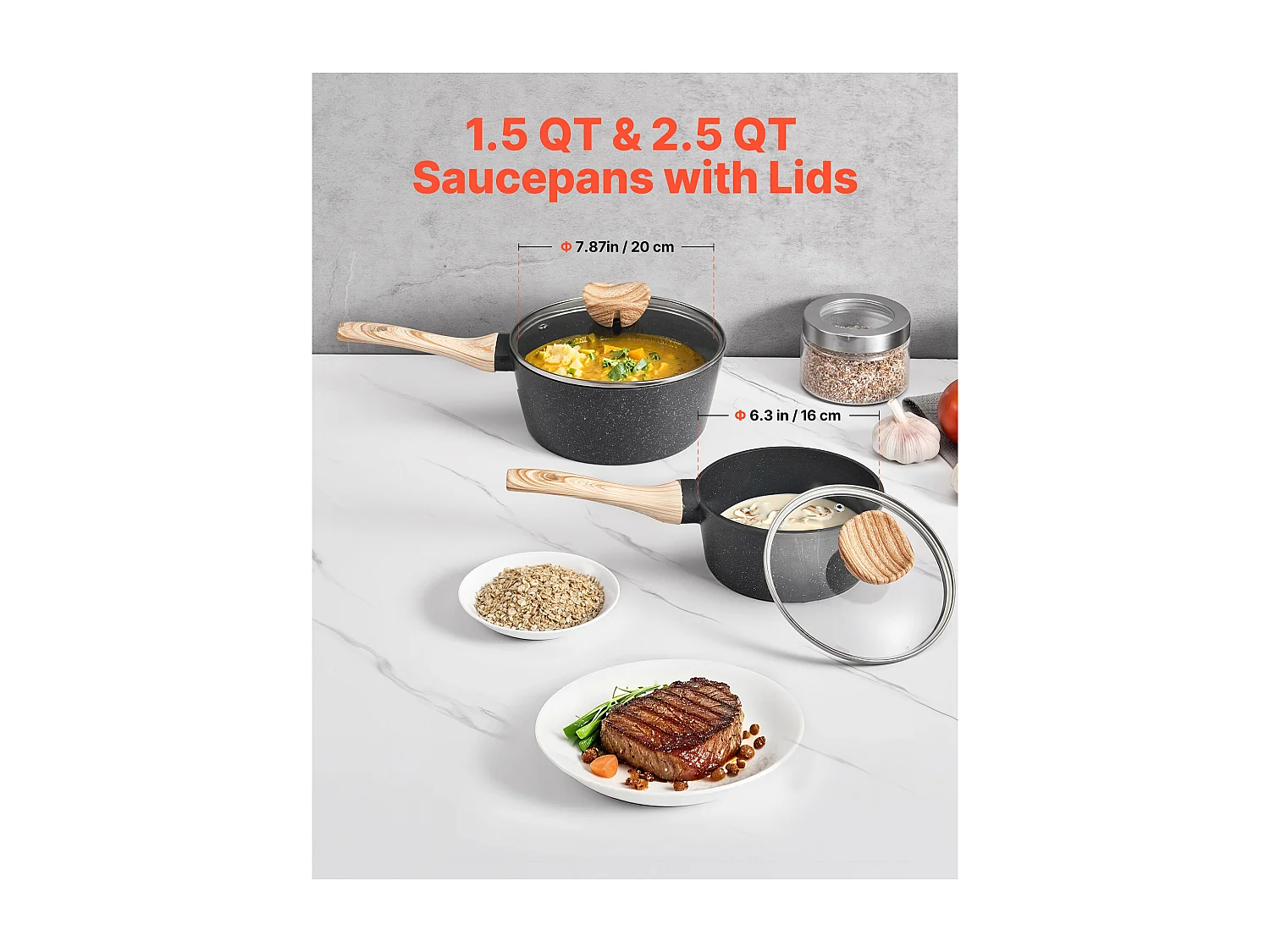 Ensemble de Casseroles SucceBuy de 1,4 L Et 2,4 L, Poêlon avec Revêtement Antiadhésif, Couvercle en Verre Et Poignée Amovible, Multifonctions