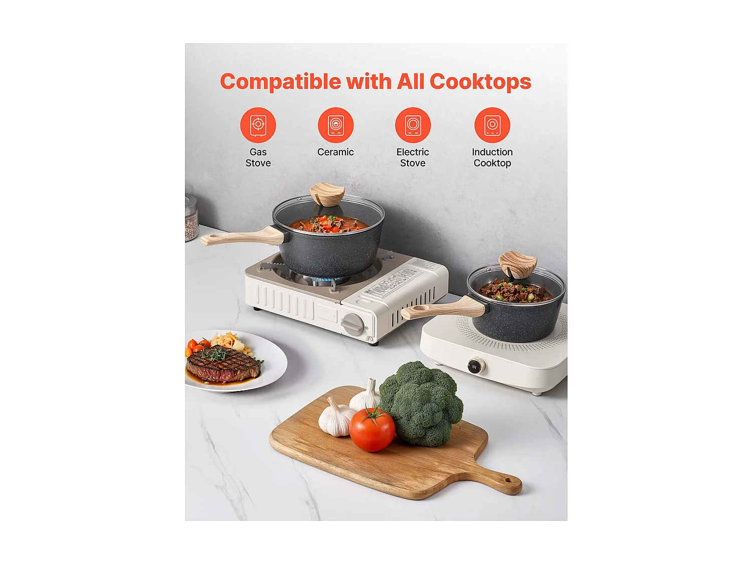 Ensemble de Casseroles SucceBuy de 1,4 L Et 2,4 L, Poêlon avec Revêtement Antiadhésif, Couvercle en Verre Et Poignée Amovible, Multifonctions