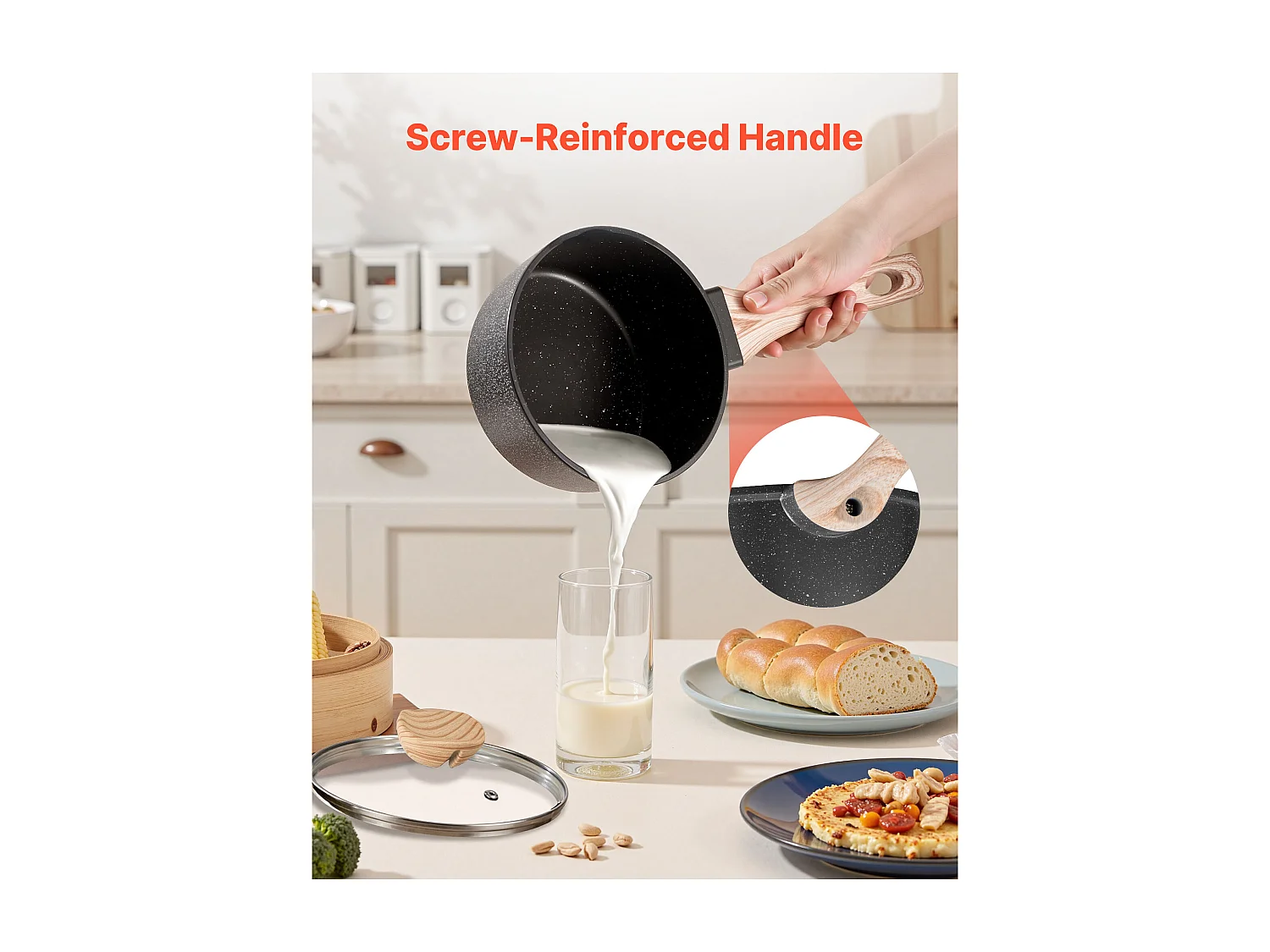 Ensemble de Casseroles SucceBuy de 1,4 L Et 2,4 L, Poêlon avec Revêtement Antiadhésif, Couvercle en Verre Et Poignée Amovible, Multifonctions