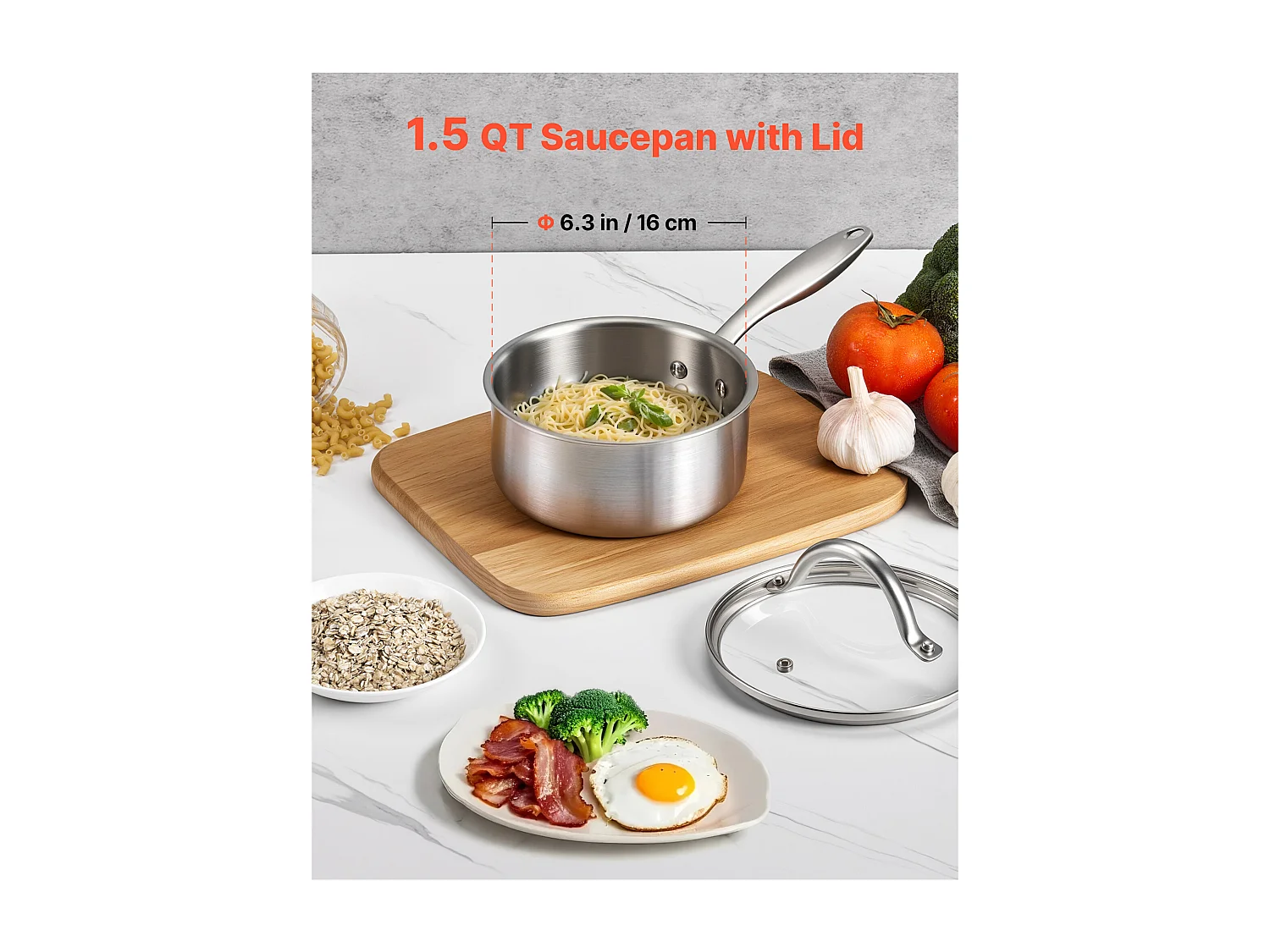 Casserole SucceBuy en Acier Inoxydable 1,4 L, Poêlon avec Couvercle en Verre Et Poignée Ergonomique, Antiadhésif, Lavable au Lave-vaisselle, Ustensile Cuisine