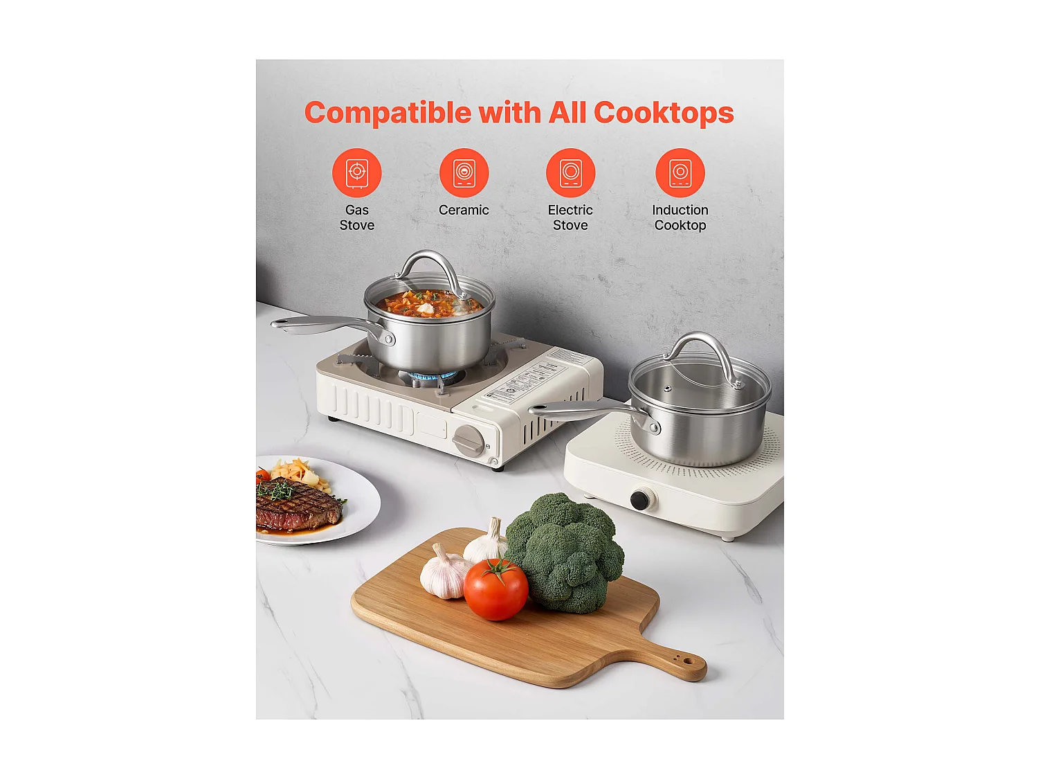 Casserole SucceBuy en Acier Inoxydable 1,4 L, Poêlon avec Couvercle en Verre Et Poignée Ergonomique, Antiadhésif, Lavable au Lave-vaisselle, Ustensile Cuisine