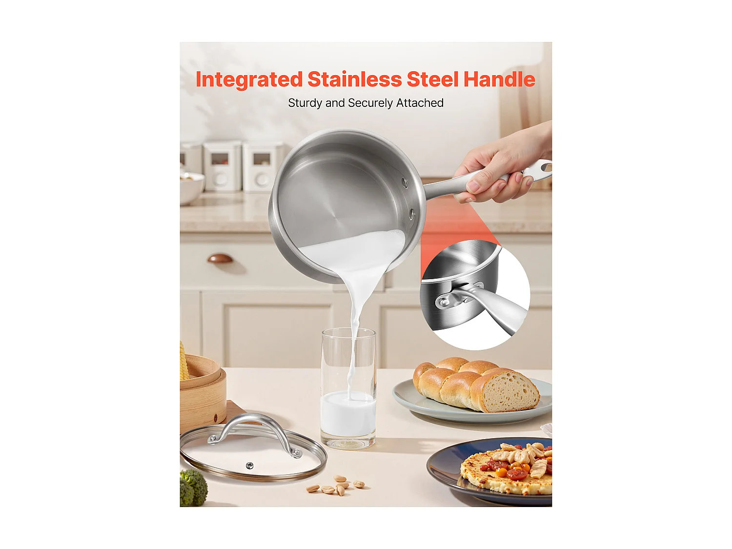 Casserole SucceBuy en Acier Inoxydable 1,4 L, Poêlon avec Couvercle en Verre Et Poignée Ergonomique, Antiadhésif, Lavable au Lave-vaisselle, Ustensile Cuisine