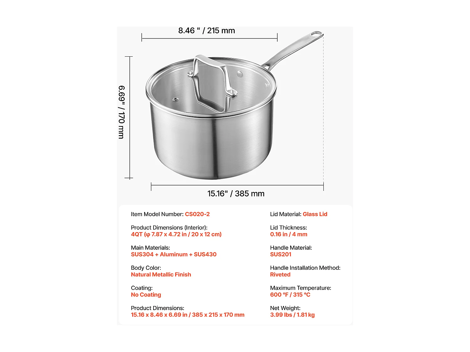 Casserole SucceBuy en Acier Inoxydable 3,8 L, Poêlon avec Couvercle en Verre Et Poignée Ergonomique, Antiadhésif, Lavable au Lave-vaisselle, Ustensile Cuisine