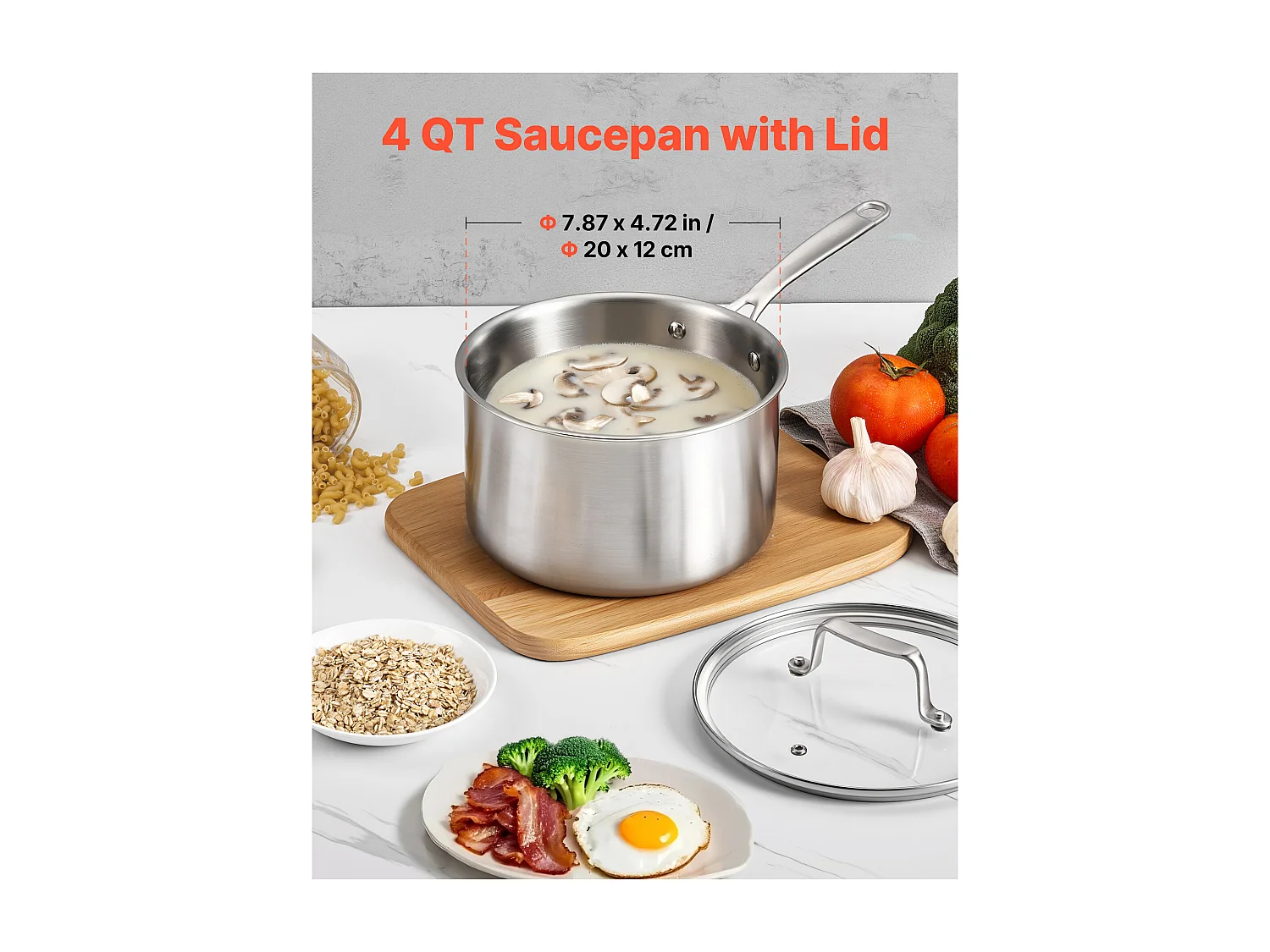 Casserole SucceBuy en Acier Inoxydable 3,8 L, Poêlon avec Couvercle en Verre Et Poignée Ergonomique, Antiadhésif, Lavable au Lave-vaisselle, Ustensile Cuisine