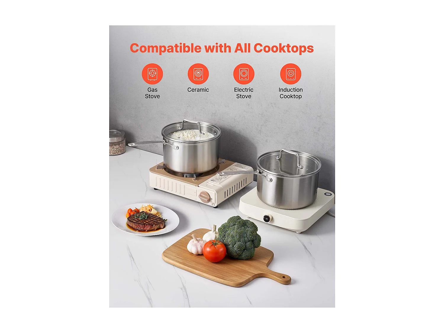 Casserole SucceBuy en Acier Inoxydable 3,8 L, Poêlon avec Couvercle en Verre Et Poignée Ergonomique, Antiadhésif, Lavable au Lave-vaisselle, Ustensile Cuisine