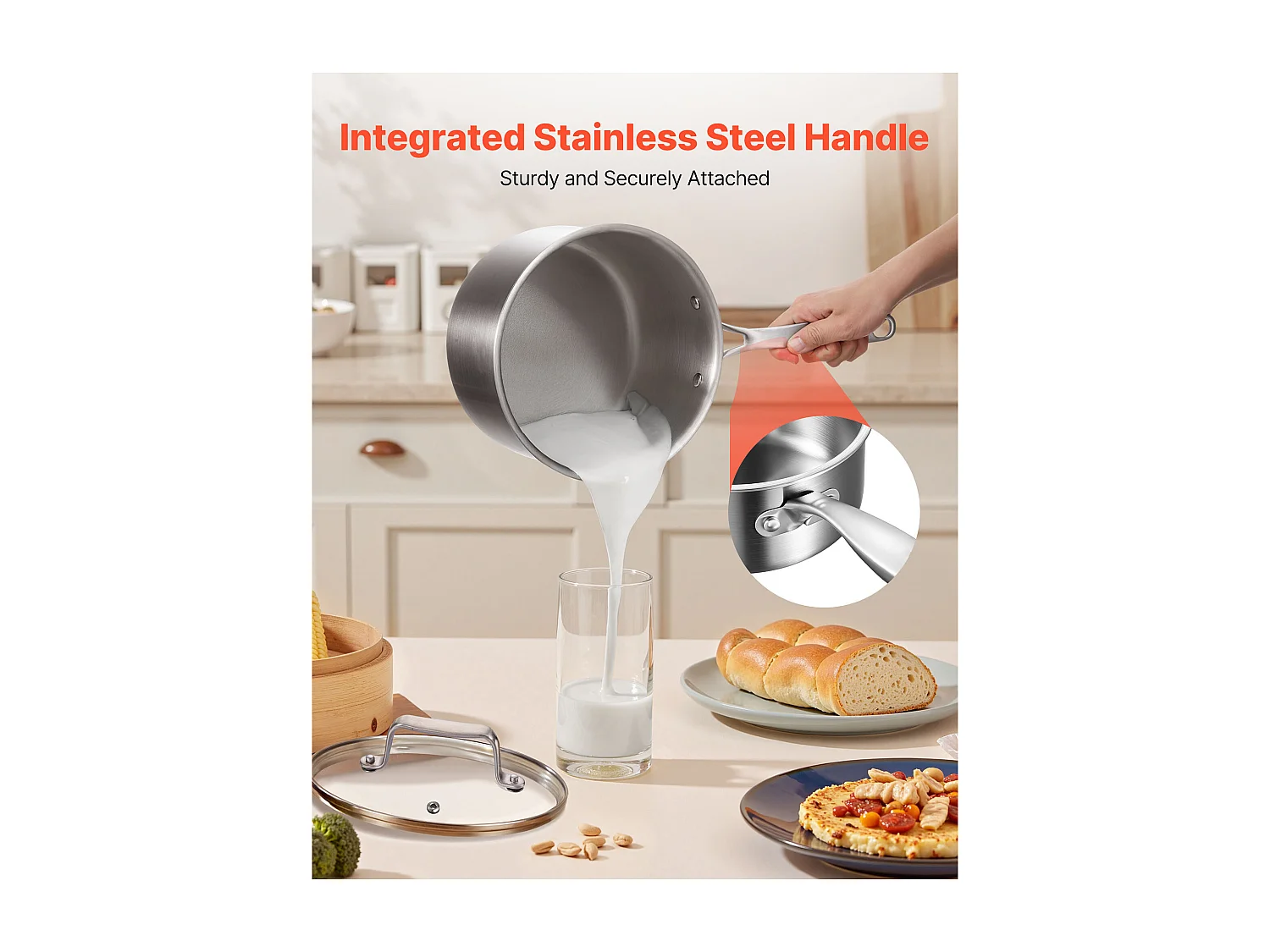 Casserole SucceBuy en Acier Inoxydable 3,8 L, Poêlon avec Couvercle en Verre Et Poignée Ergonomique, Antiadhésif, Lavable au Lave-vaisselle, Ustensile Cuisine